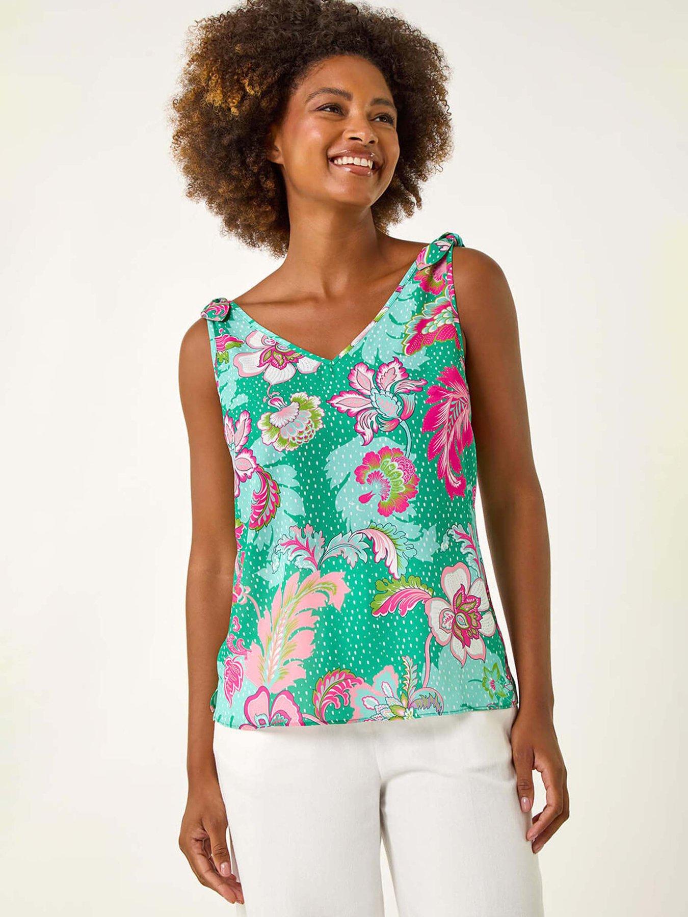 Image 1 of 5 of Roman Floral Spot Printed Vest Top - Green
