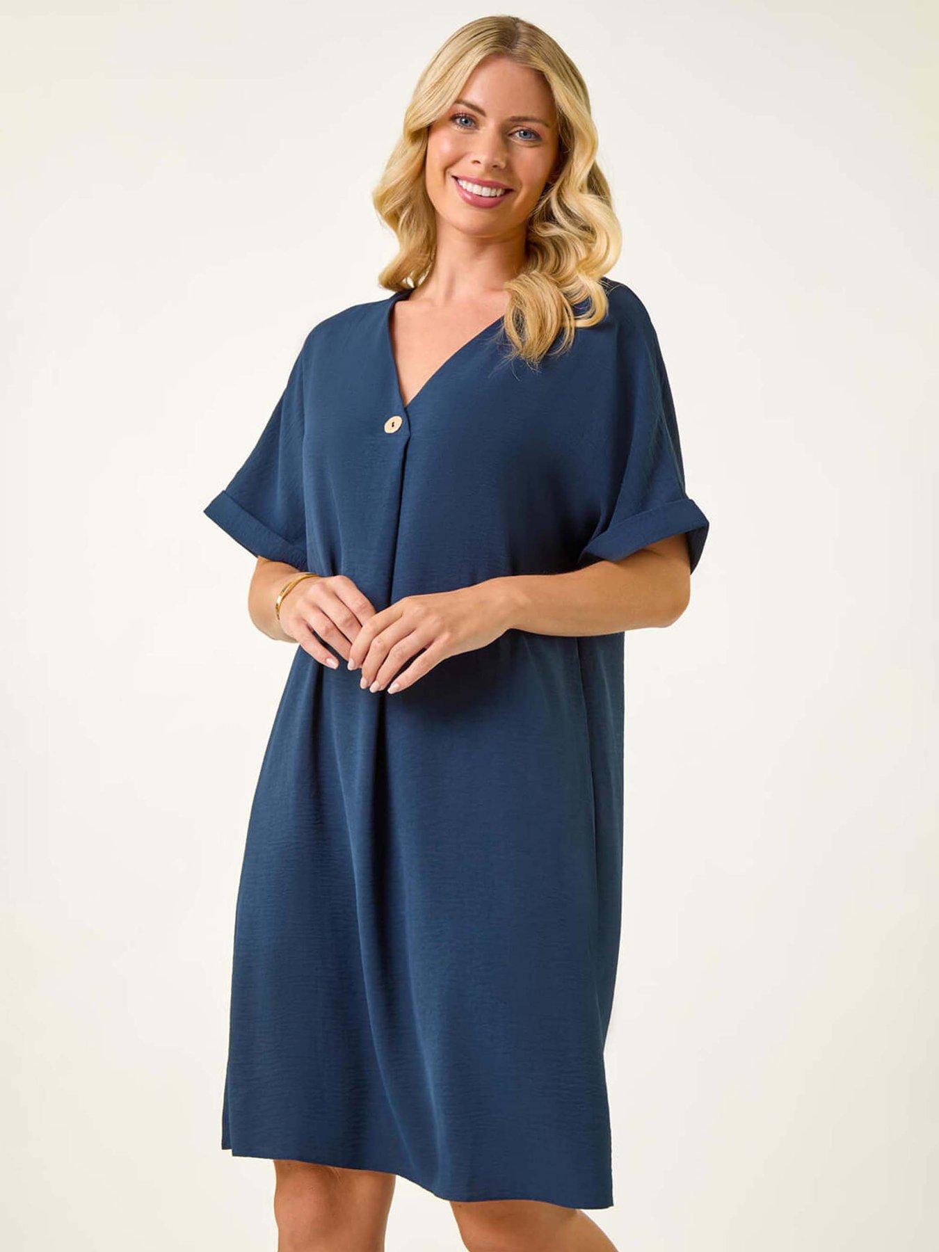 Image 3 of 5 of Roman Petite One Button V-neck Dress - Navy