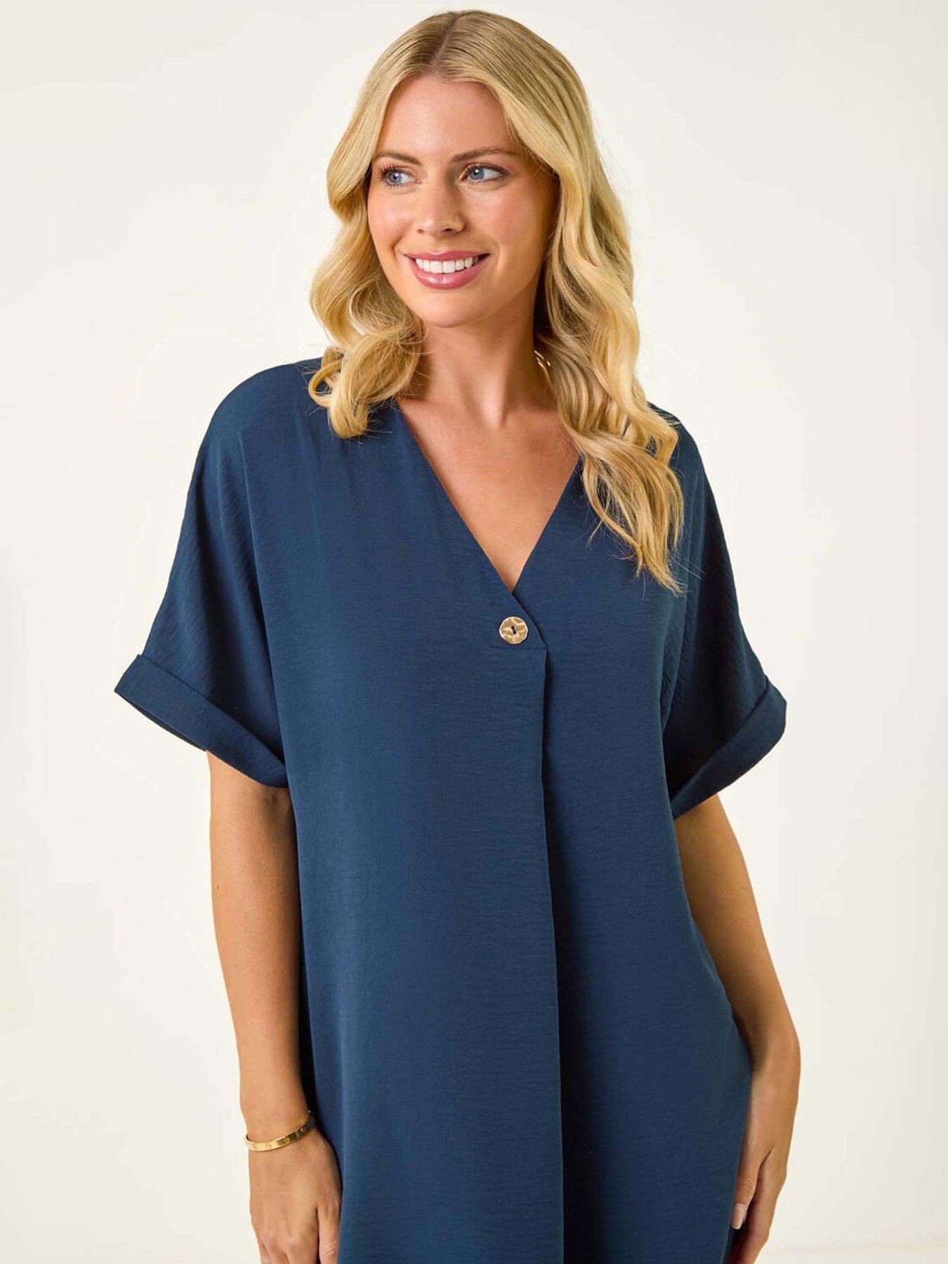 Image 4 of 5 of Roman Petite One Button V-neck Dress - Navy