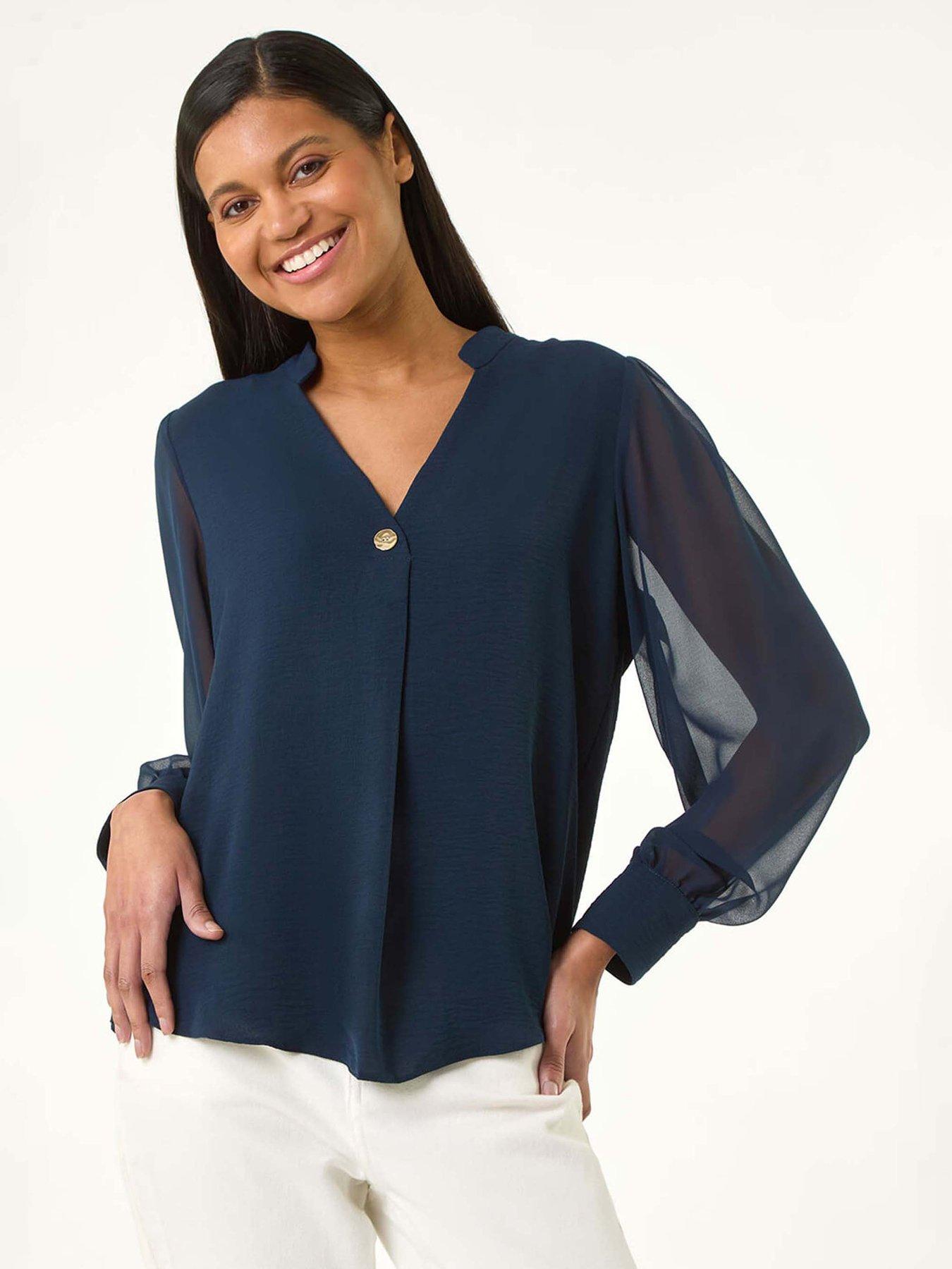 Roman Chiffon Sleeve V-neck Pleated Top - Navy