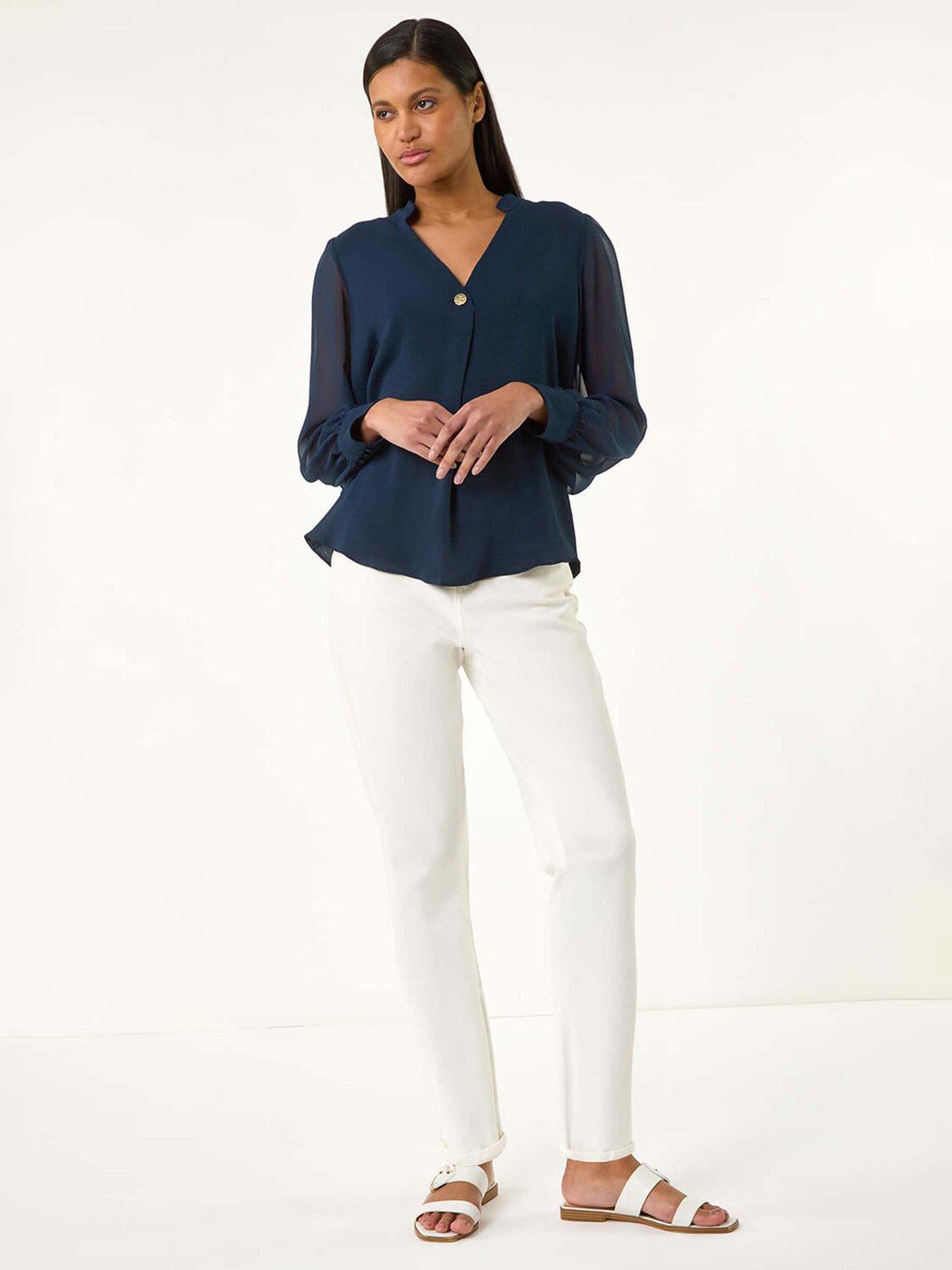 Image 3 of 5 of Roman Chiffon Sleeve V-neck Pleated Top - Navy