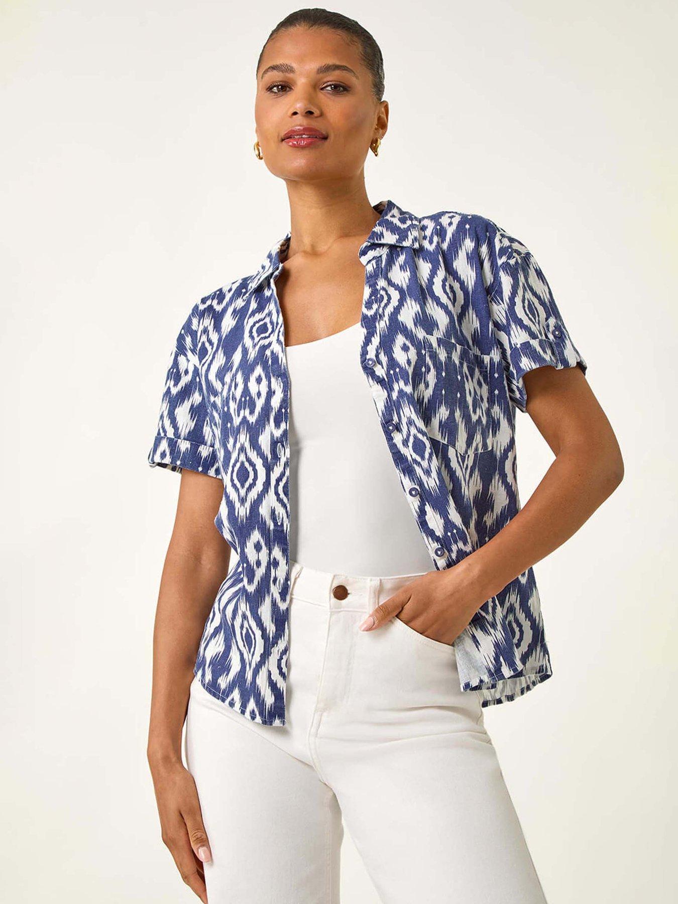Image 1 of 5 of Roman Ikat Print Linen Mix Shirt - Navy