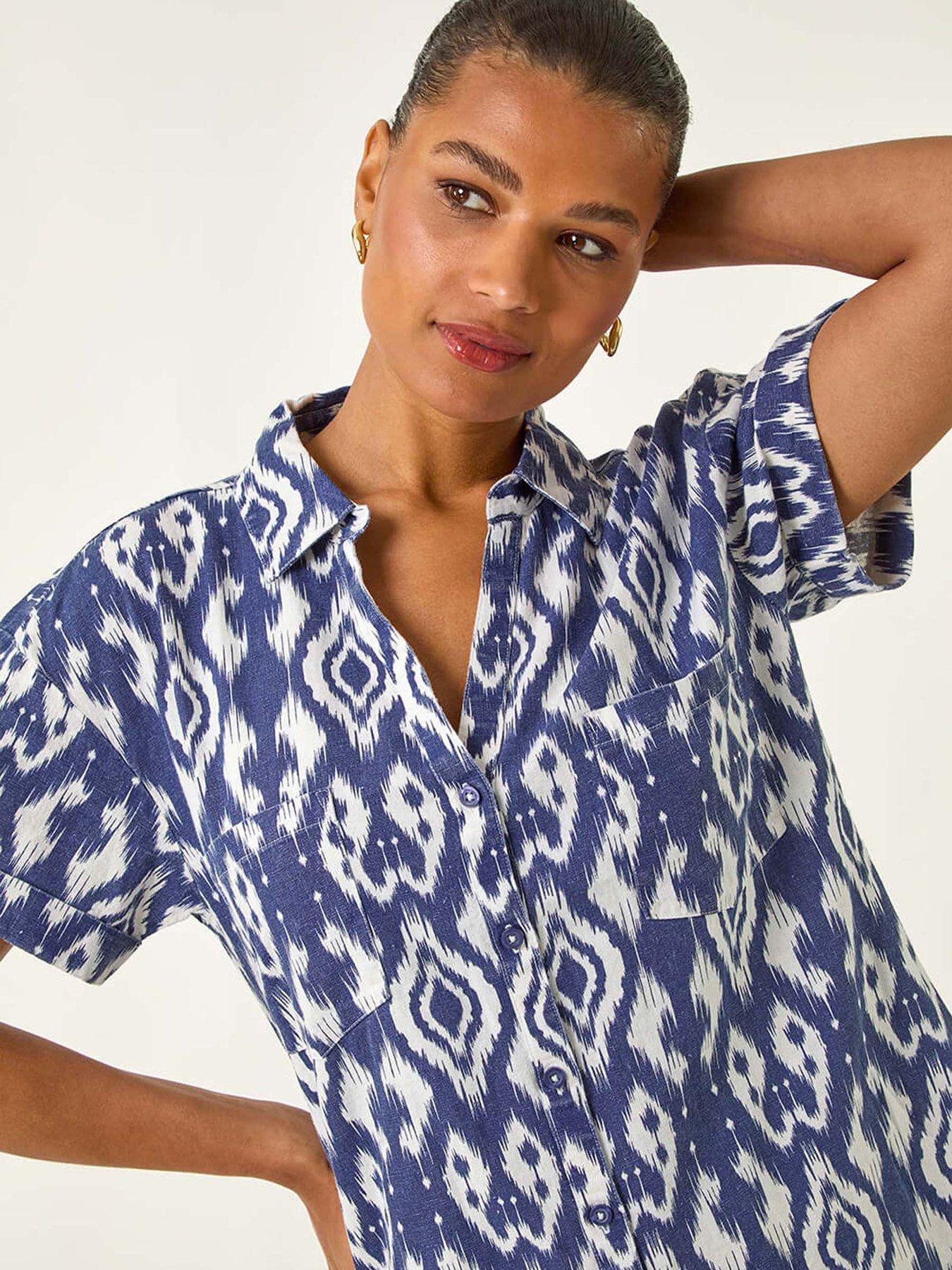 Image 4 of 5 of Roman Ikat Print Linen Mix Shirt - Navy
