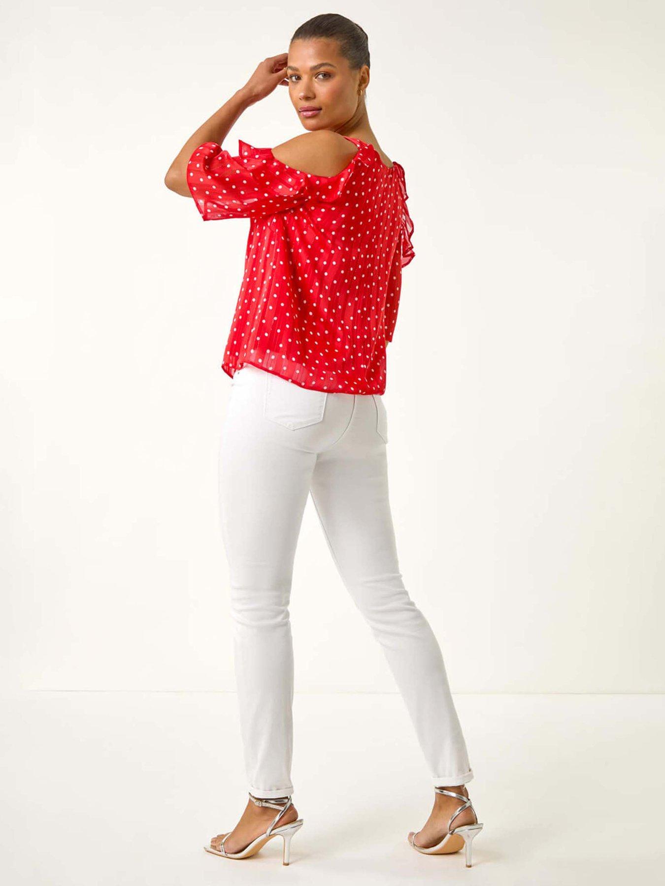Image 2 of 5 of Roman Spot Print Frill Cold Shoulder Top - Red