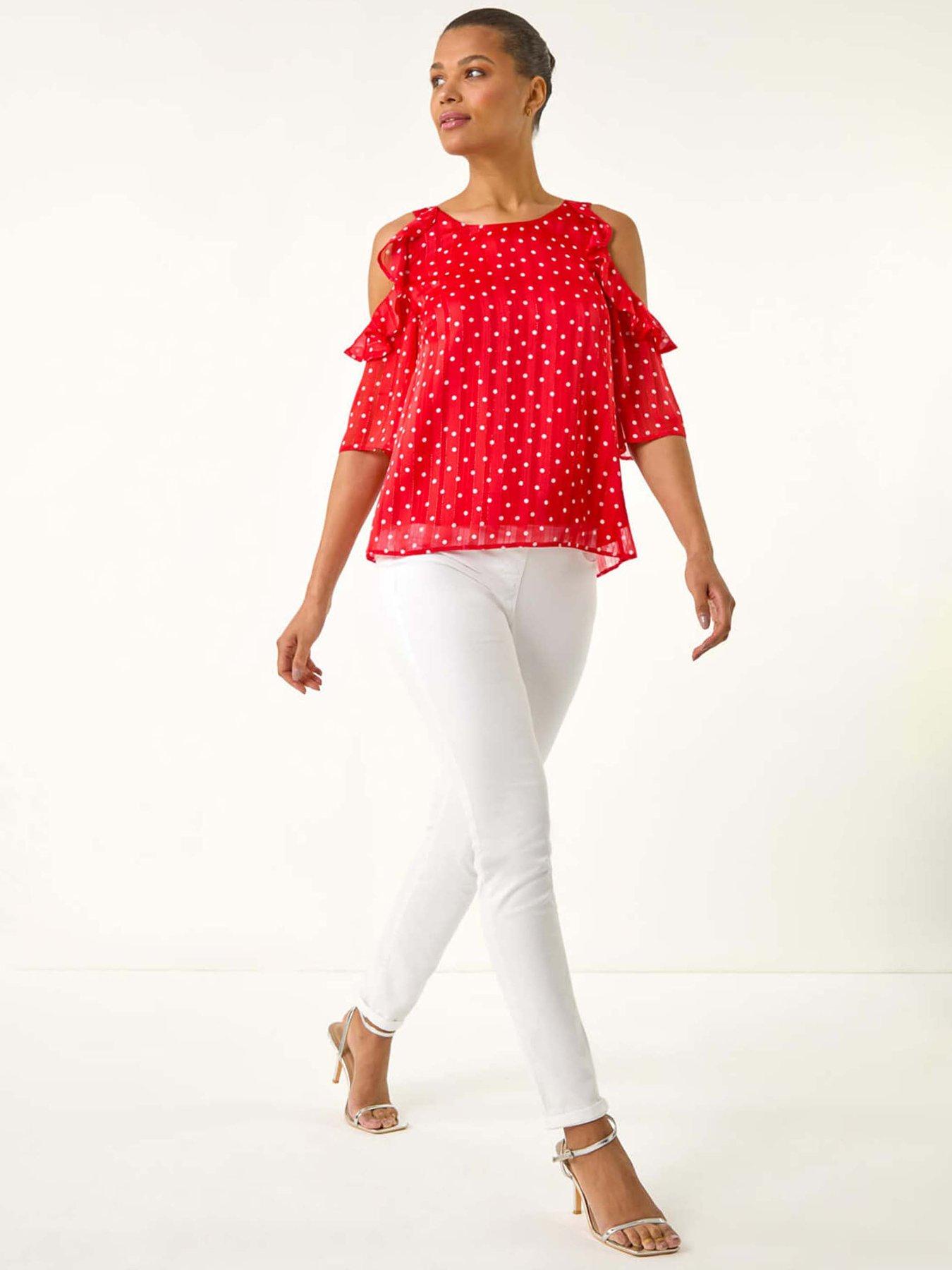 Image 3 of 5 of Roman Spot Print Frill Cold Shoulder Top - Red