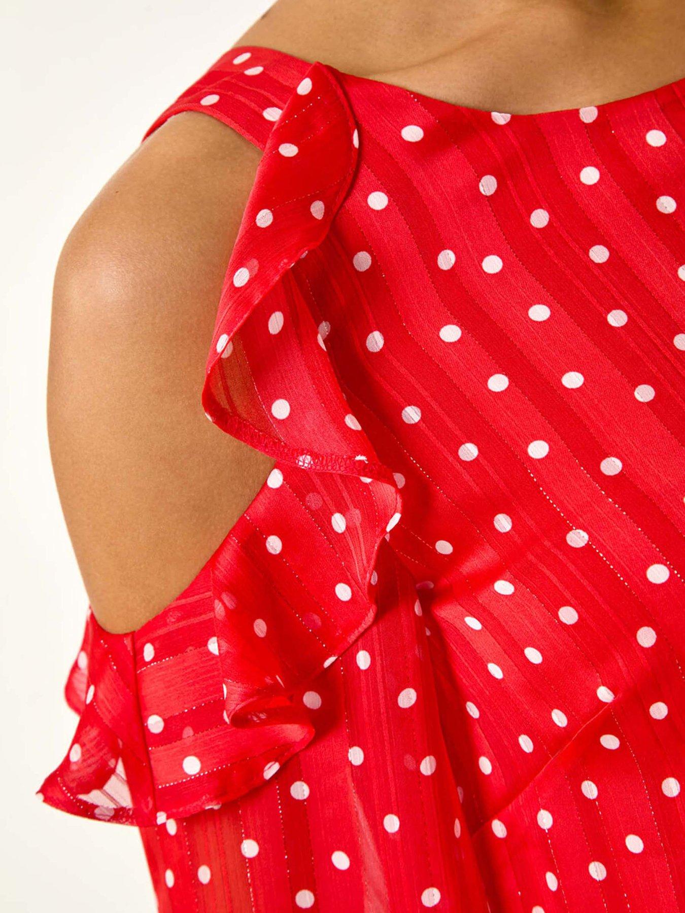 Image 5 of 5 of Roman Spot Print Frill Cold Shoulder Top - Red