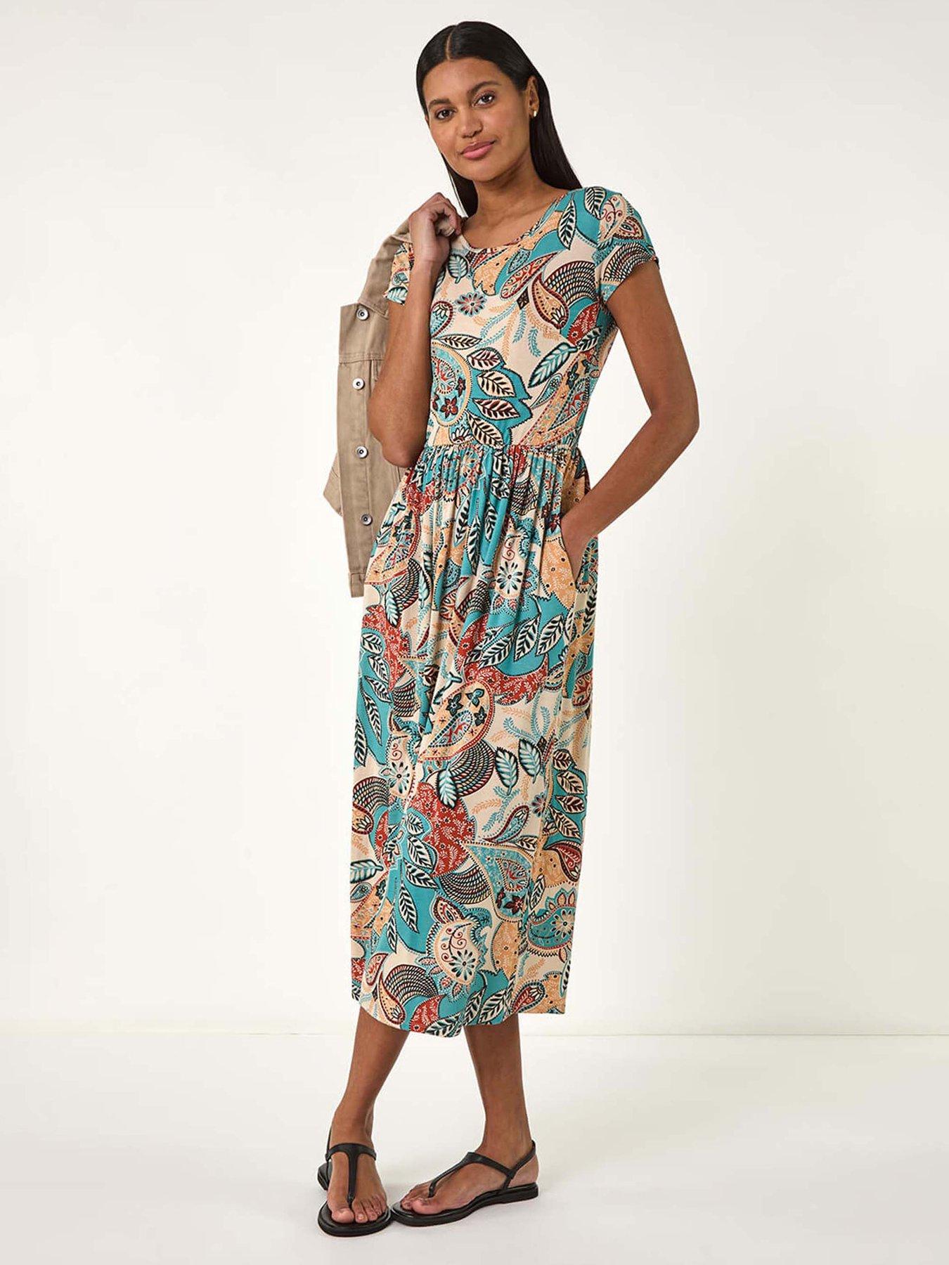 Roman Paisley Print Short Sleeve Midi Dress - Light Blue
