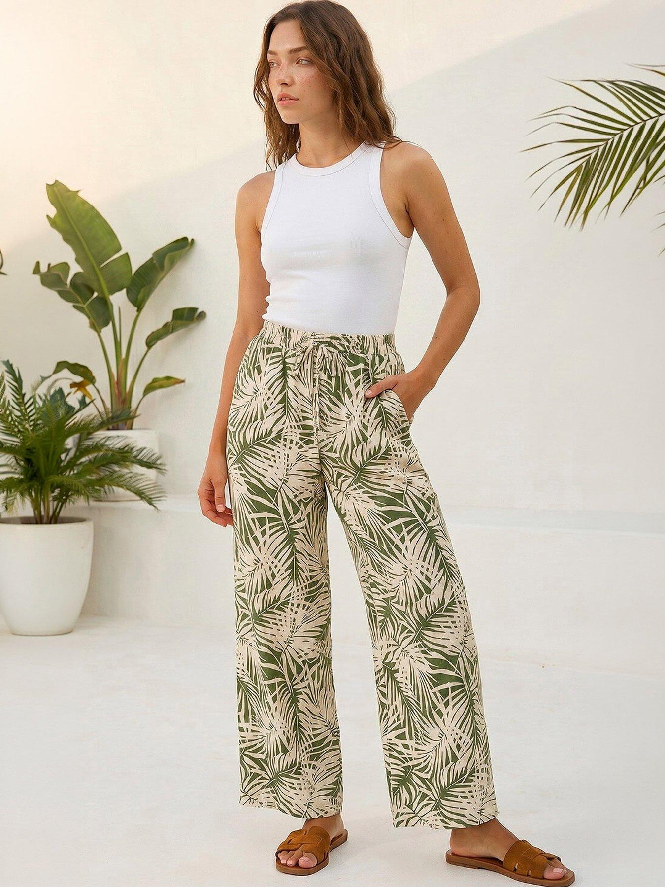 Roman Petite Leaf Print Wide Leg Trouser - Khaki