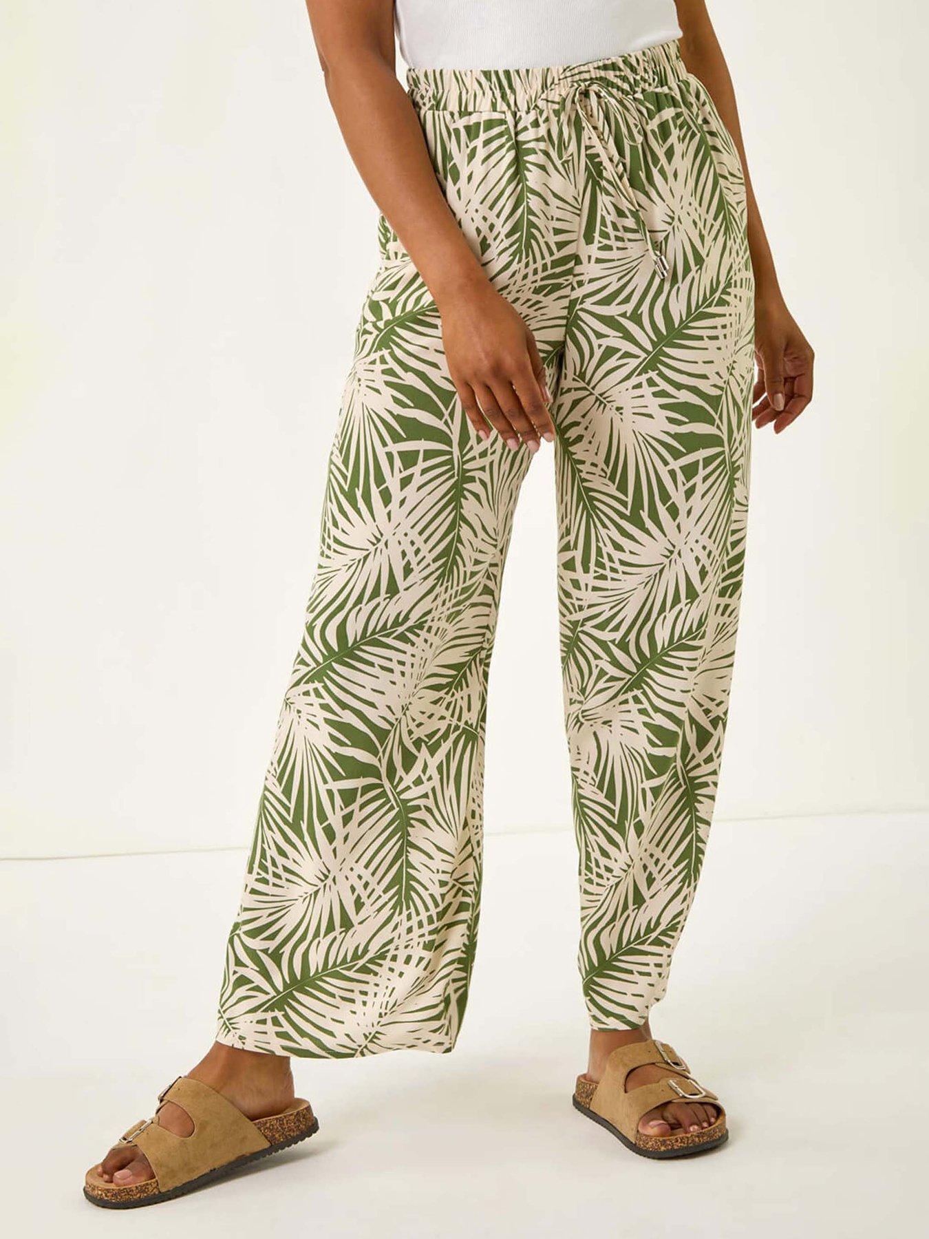 Image 1 of 5 of Roman Petite Leaf Print Wide Leg Trouser - Khaki
