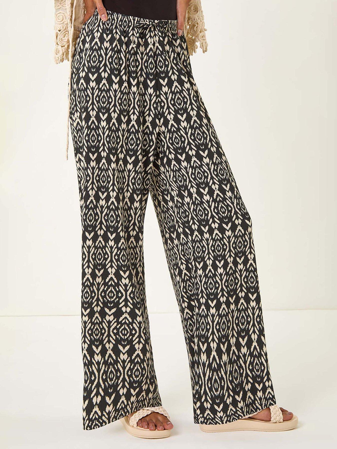 Roman Crinkle Print Tie Detail Trousers - Black