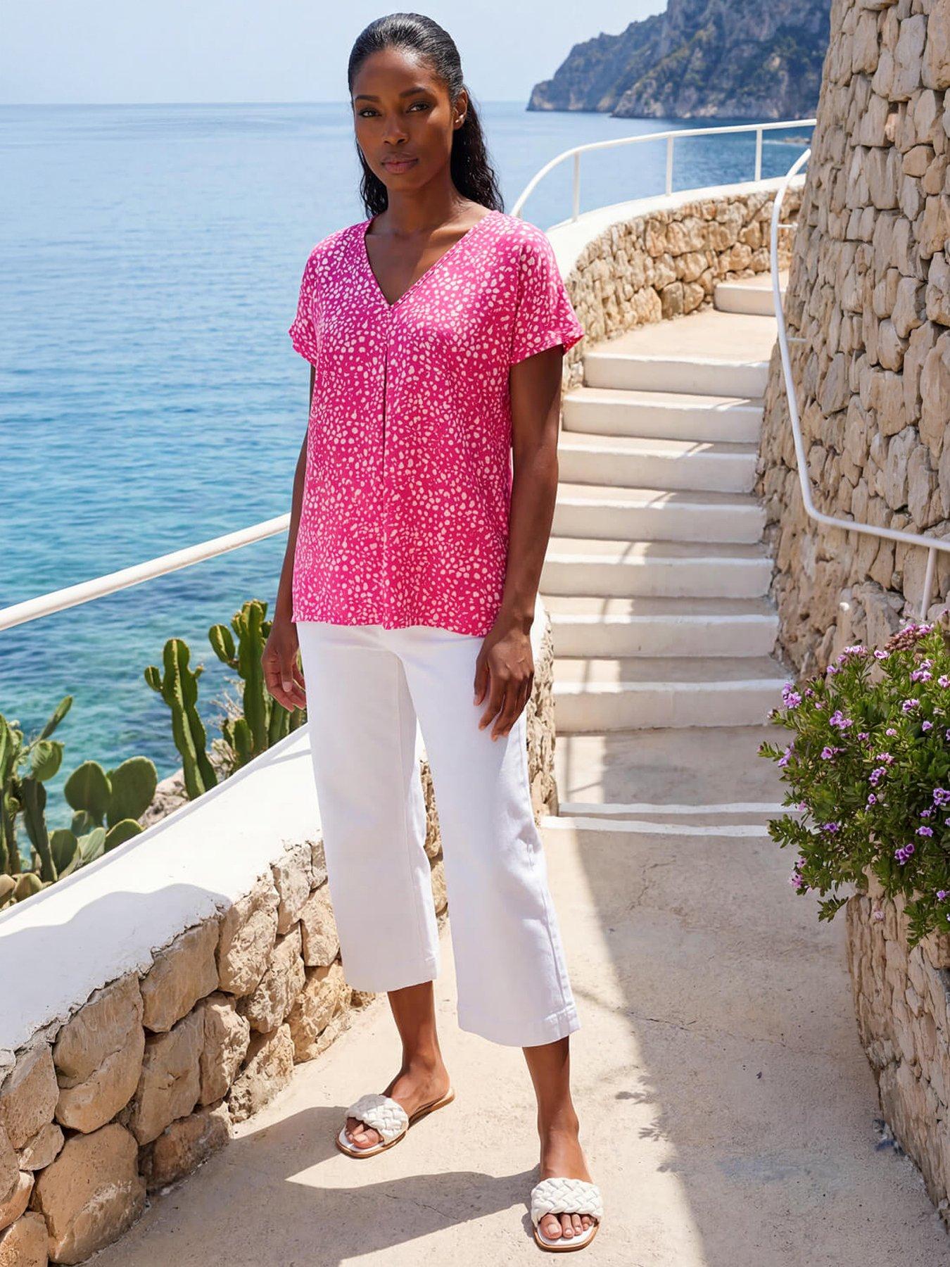 Roman Spot Print V-neck Pleat Front Top - Pink