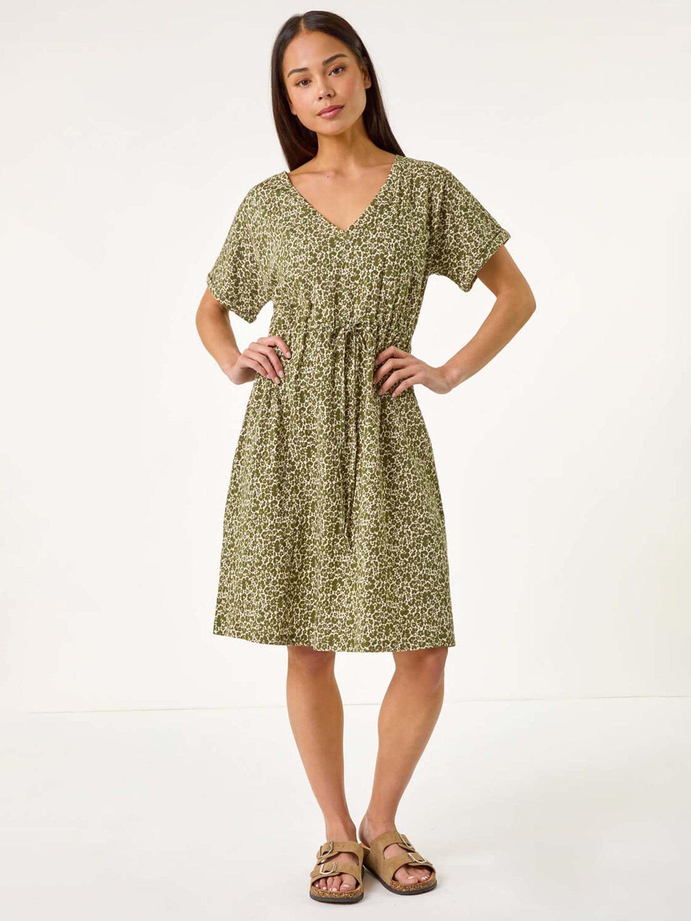 undefined Petite Disty Floral Tie Waist Dress - Khaki