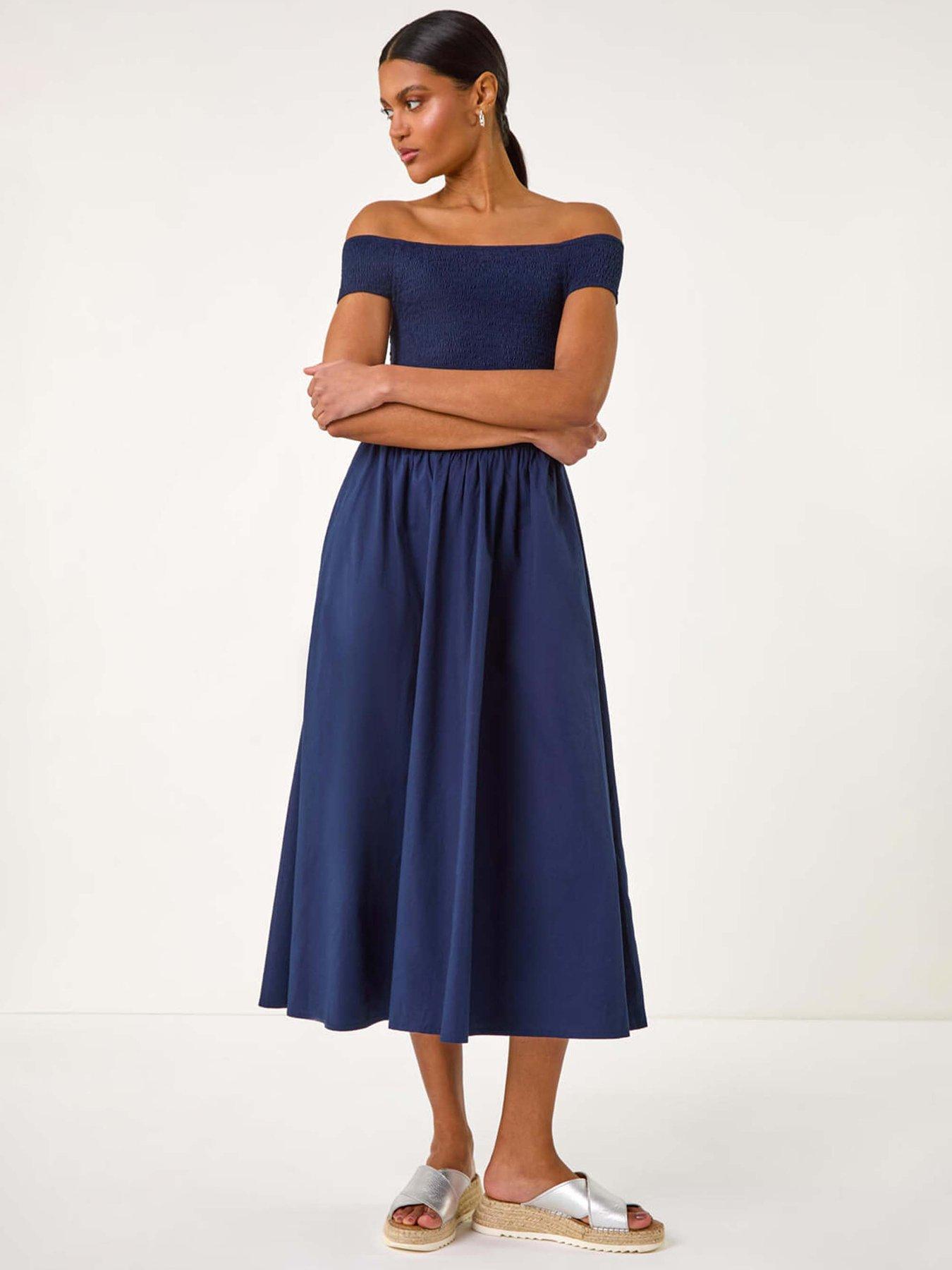 Image 1 of 5 of Roman Shirred Cotton Midi Dress - Navy
