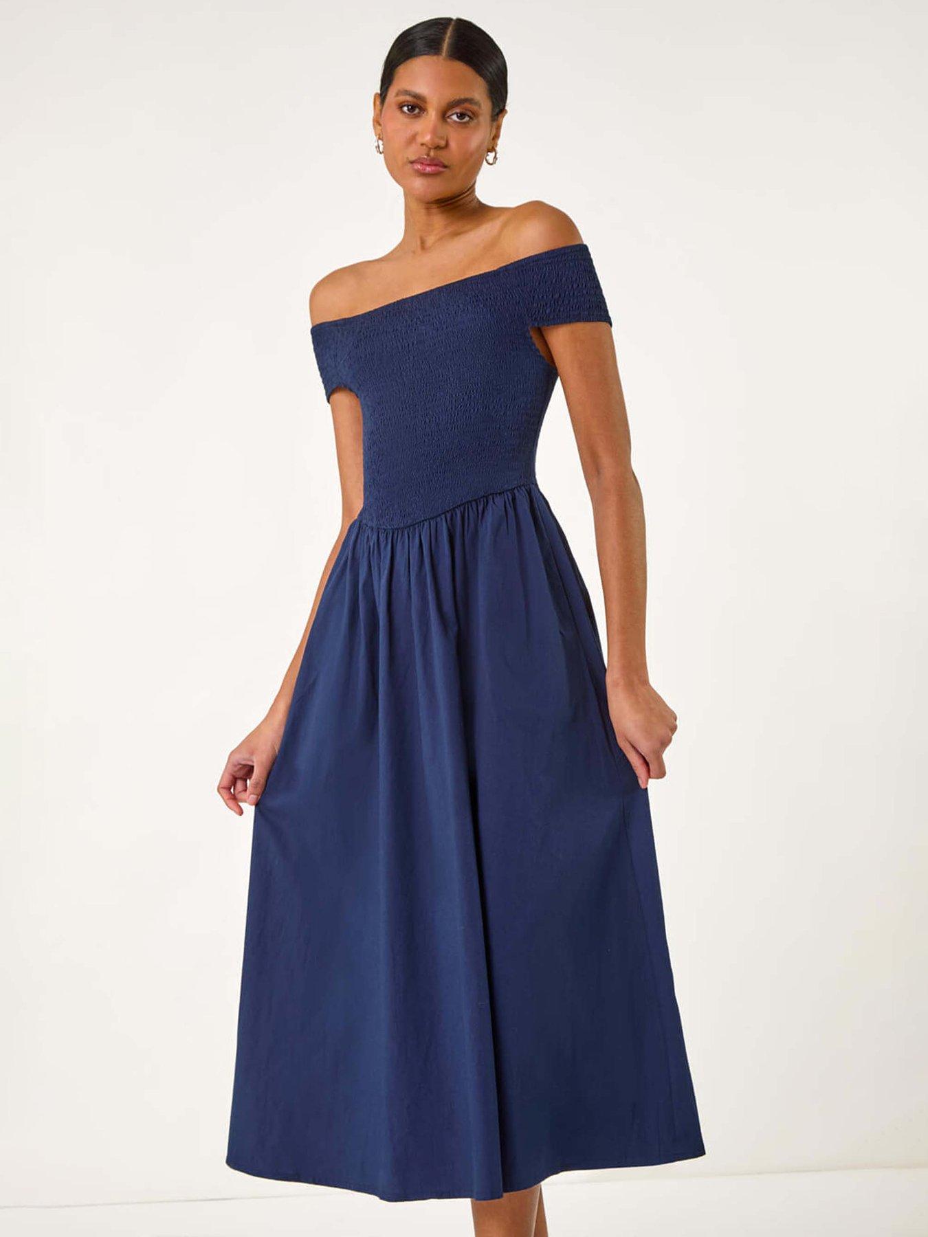 Image 3 of 5 of Roman Shirred Cotton Midi Dress - Navy