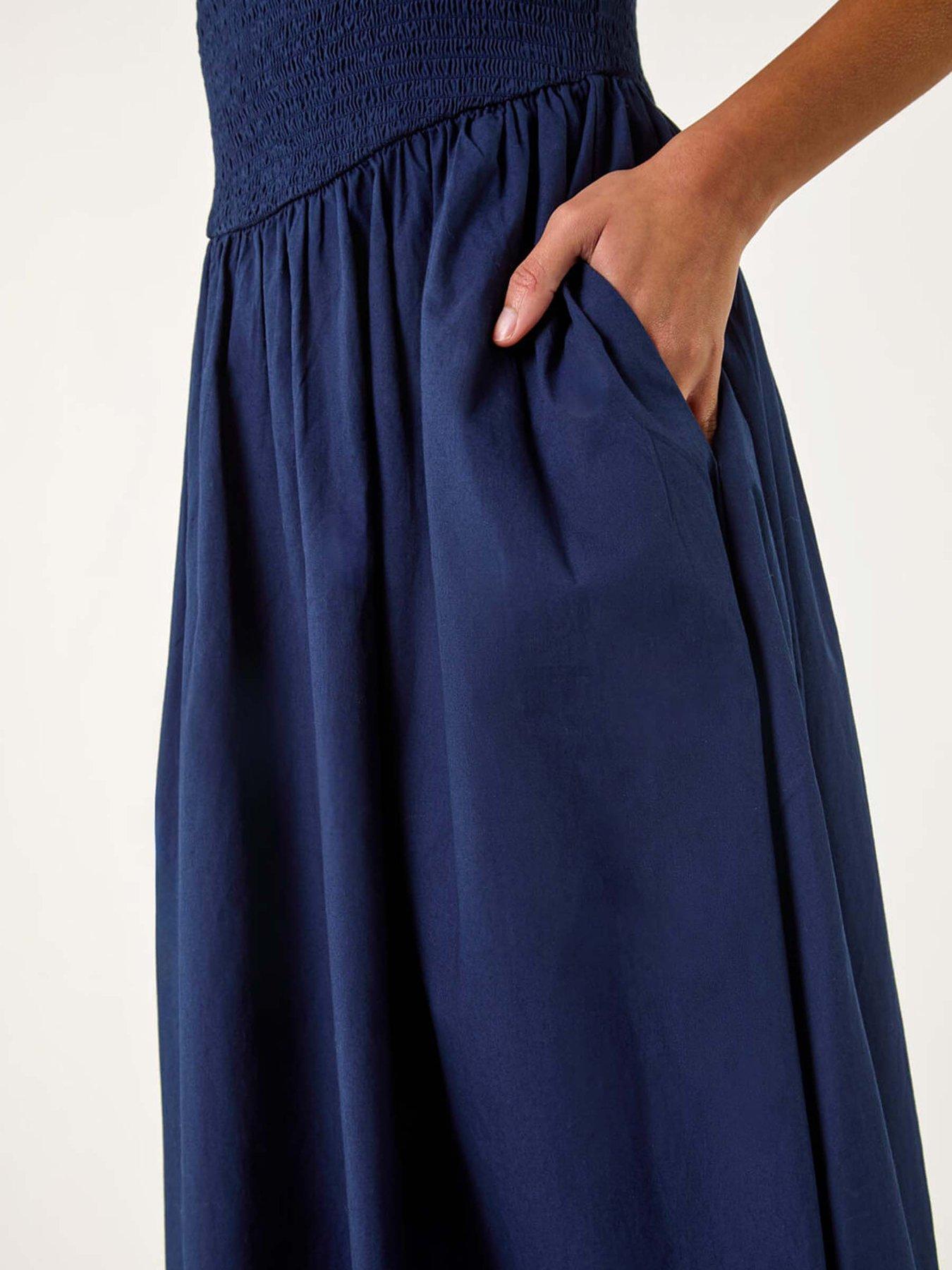 Image 5 of 5 of Roman Shirred Cotton Midi Dress - Navy