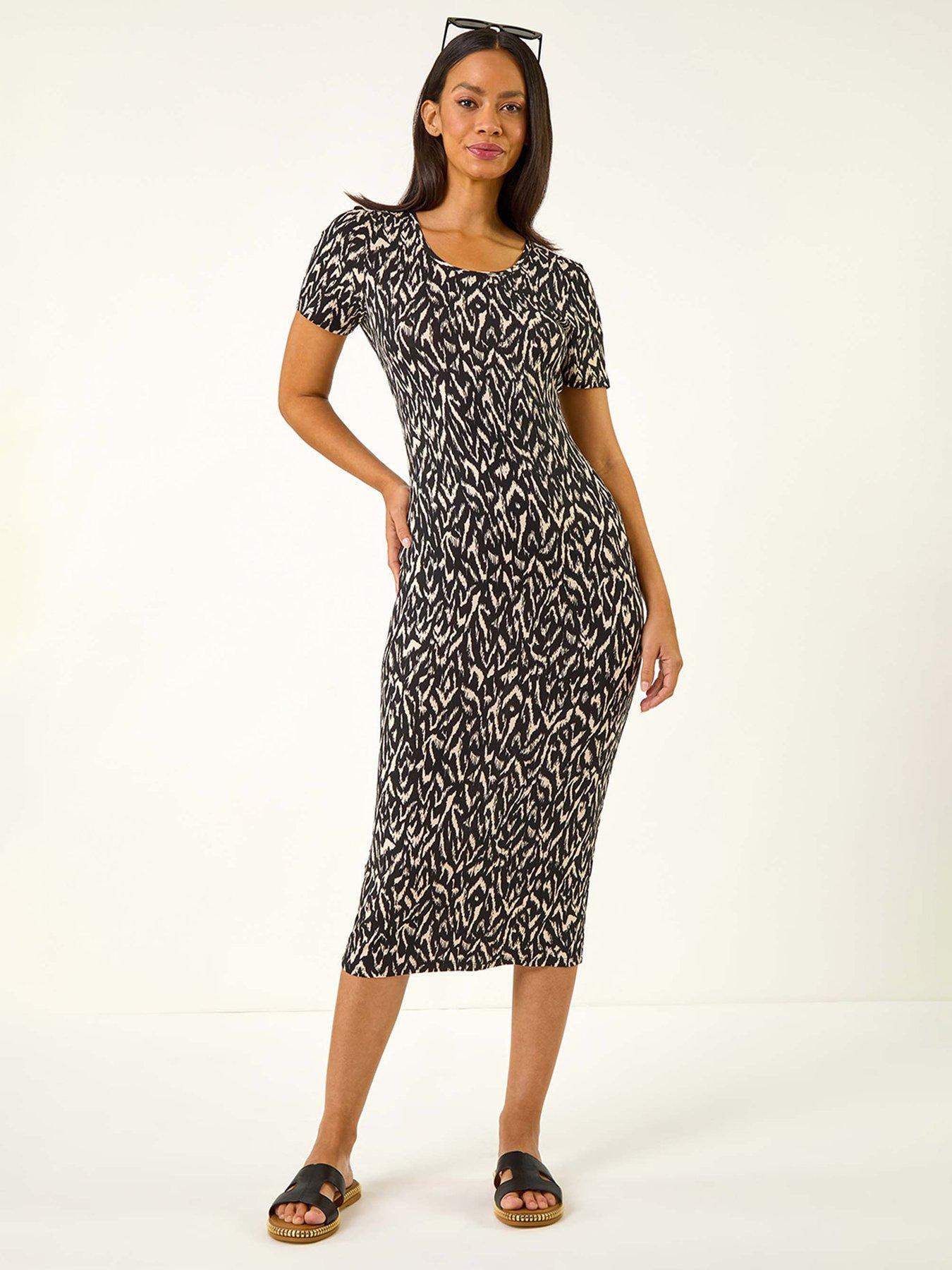 Image 1 of 5 of Roman Dusk Abstract Print Stretch Midi Dress - Black