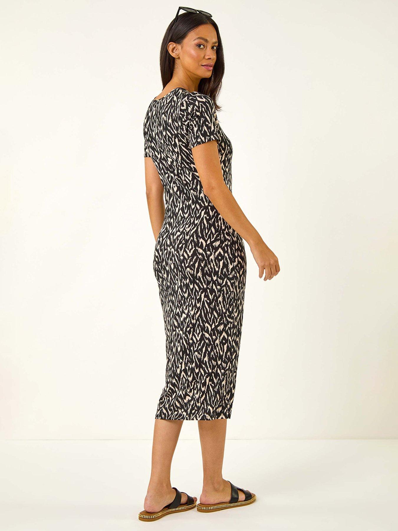 Image 2 of 5 of Roman Dusk Abstract Print Stretch Midi Dress - Black