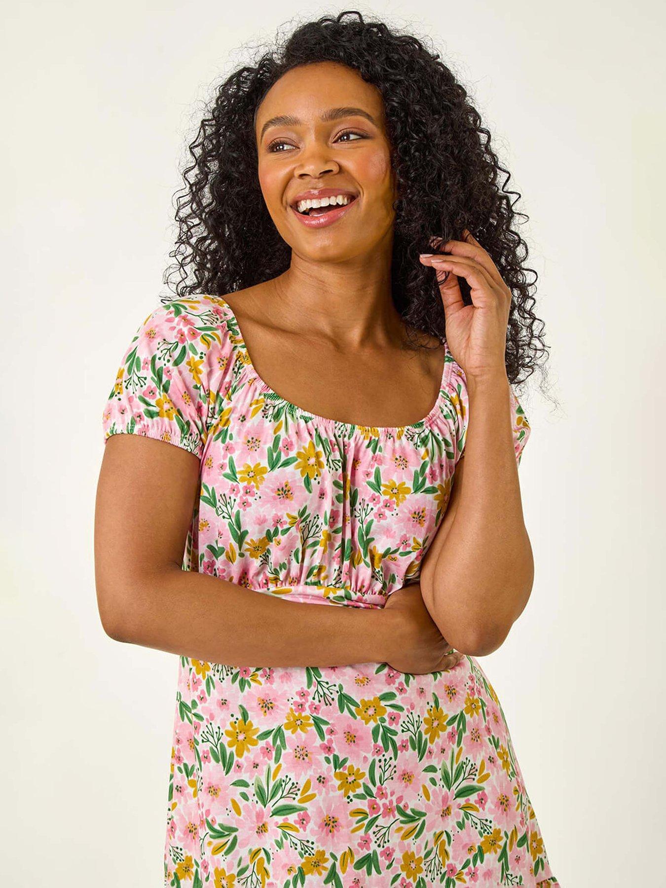 Image 4 of 5 of Roman Petite Floral Print Frill Stretch Dress - Light Pink