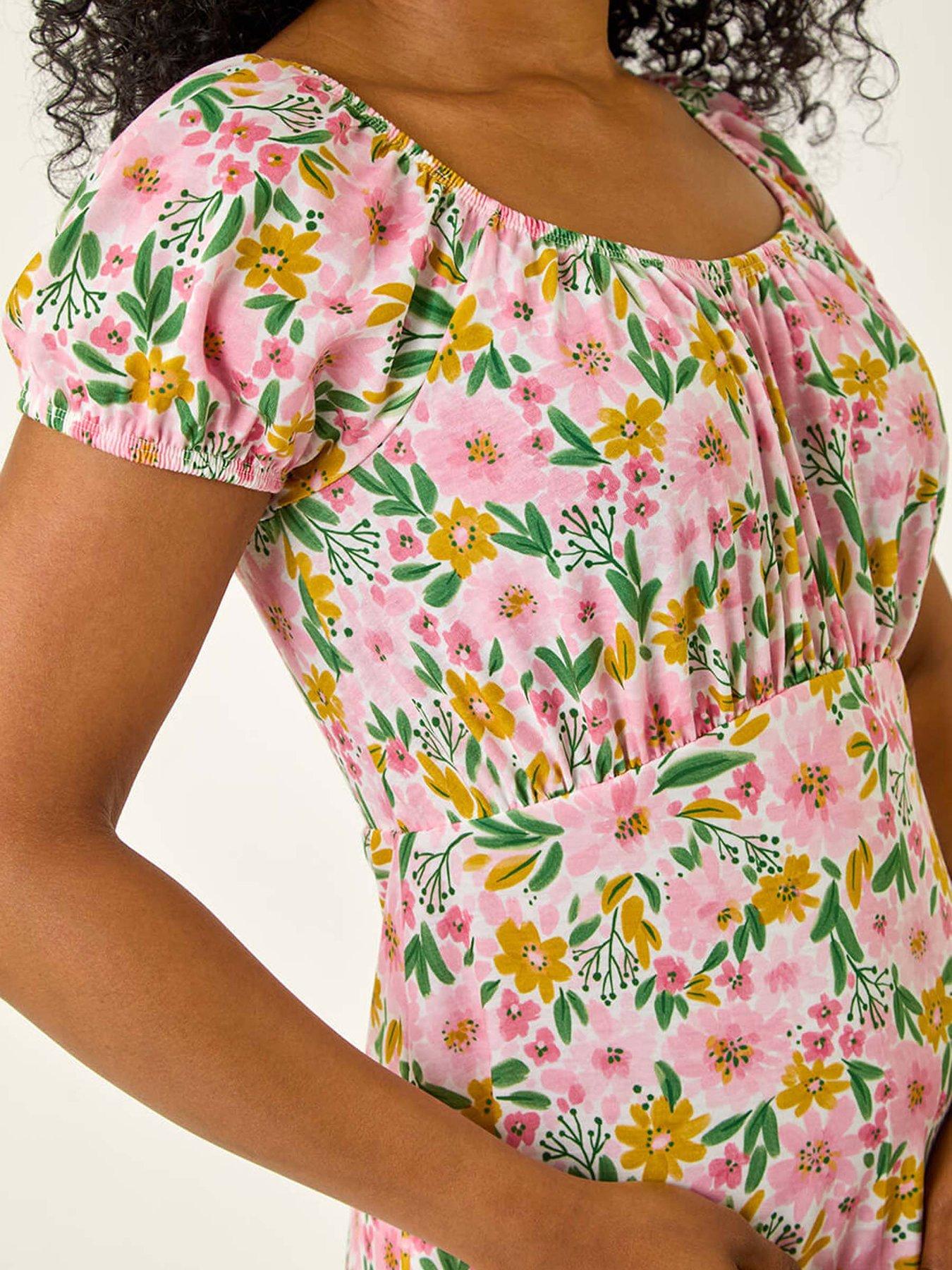 Image 5 of 5 of Roman Petite Floral Print Frill Stretch Dress - Light Pink