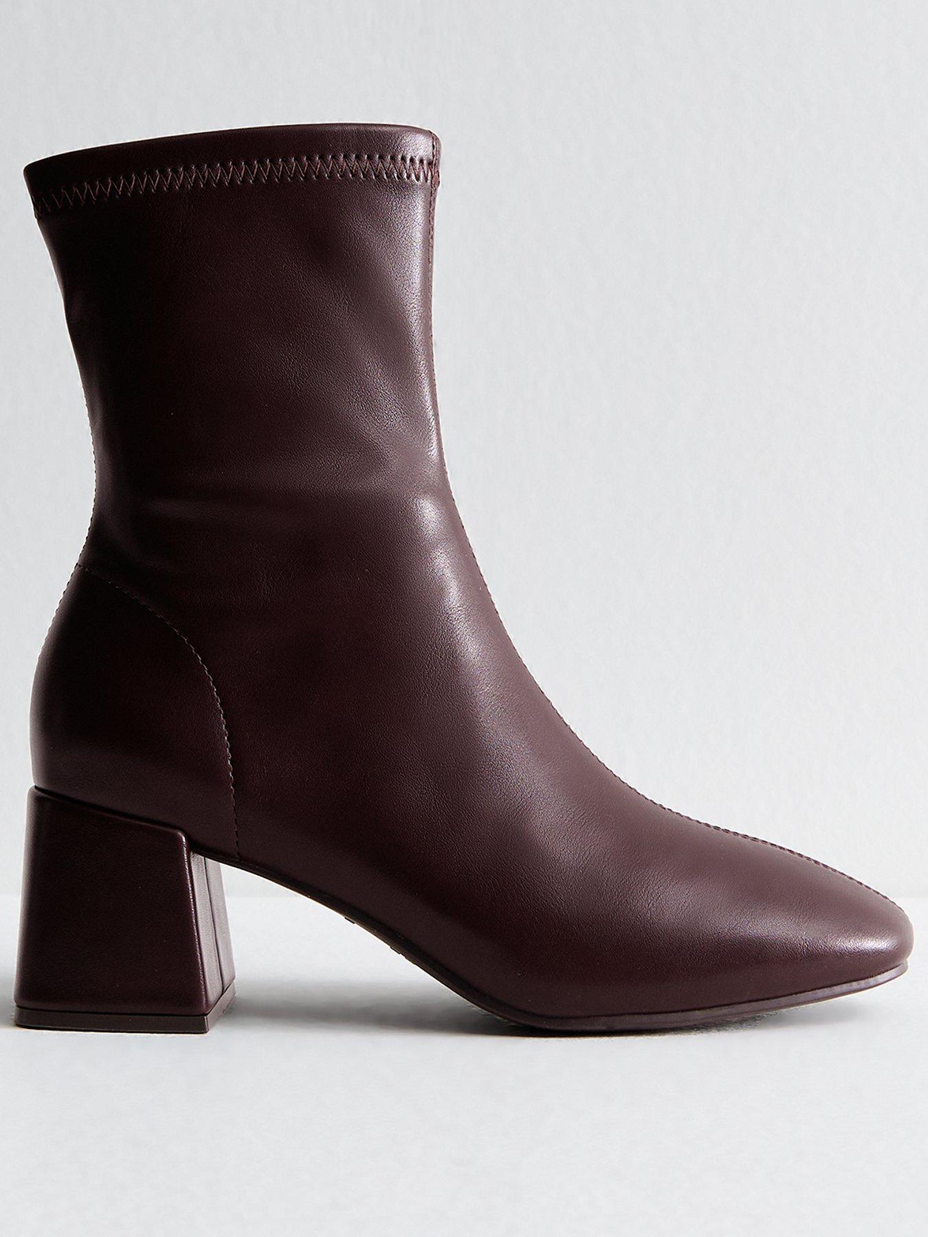 undefined Faux Leather Block Heel Ankle Boots - Dark Burgundy Red