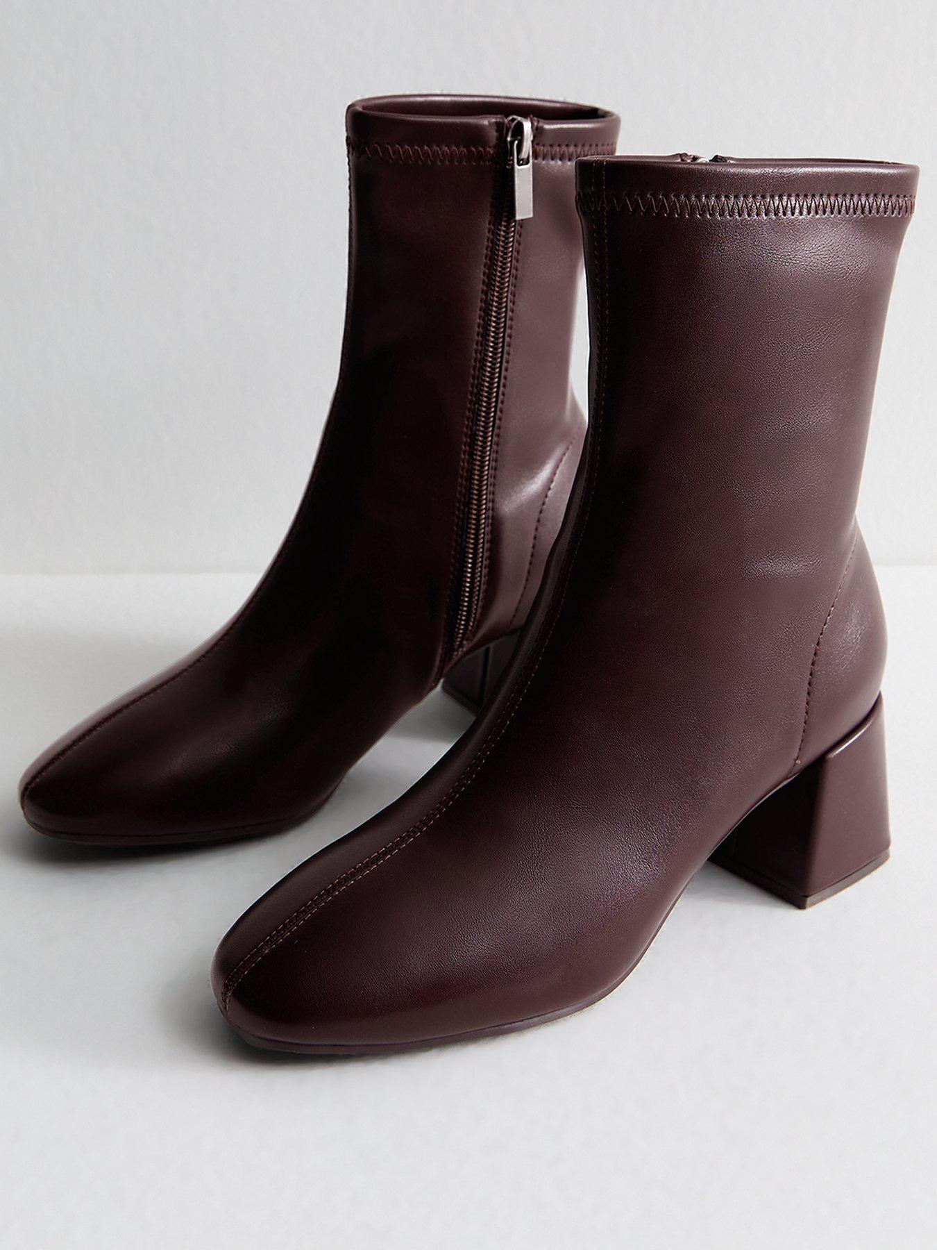 Image 2 of 6 of New Look Faux Leather Block Heel Ankle Boots - Dark Burgundy Red