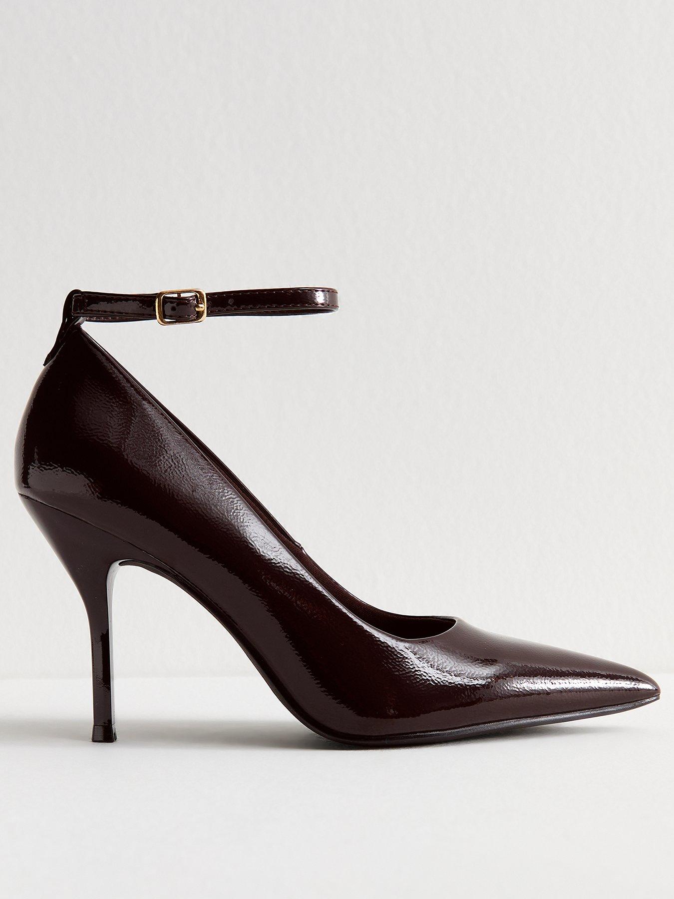 undefined Dark Brown Patent Faux Leather Ankle Strap Court Shoes