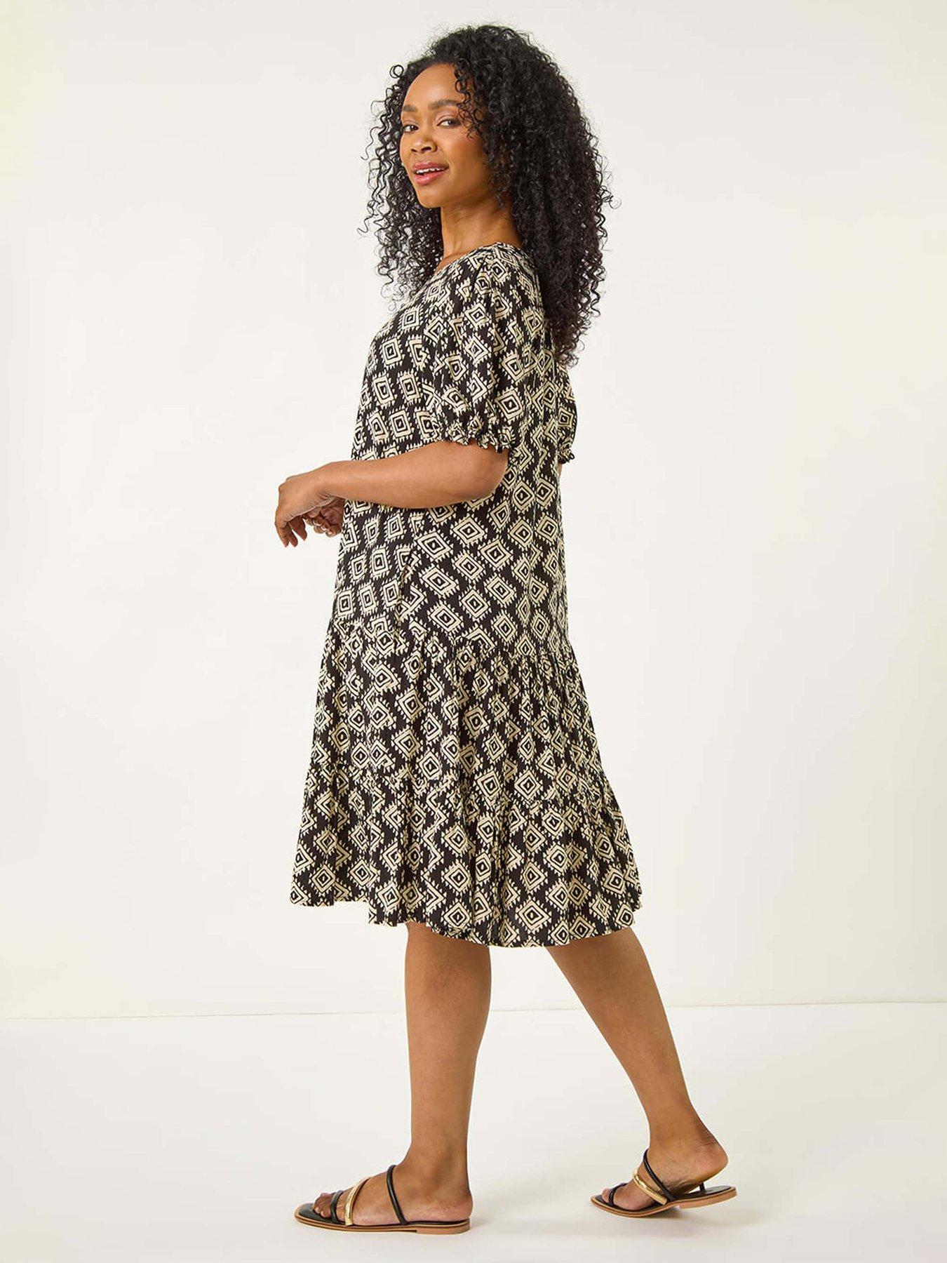 Image 2 of 5 of Roman Petite Geo Print Tiered Smock Dress - Black