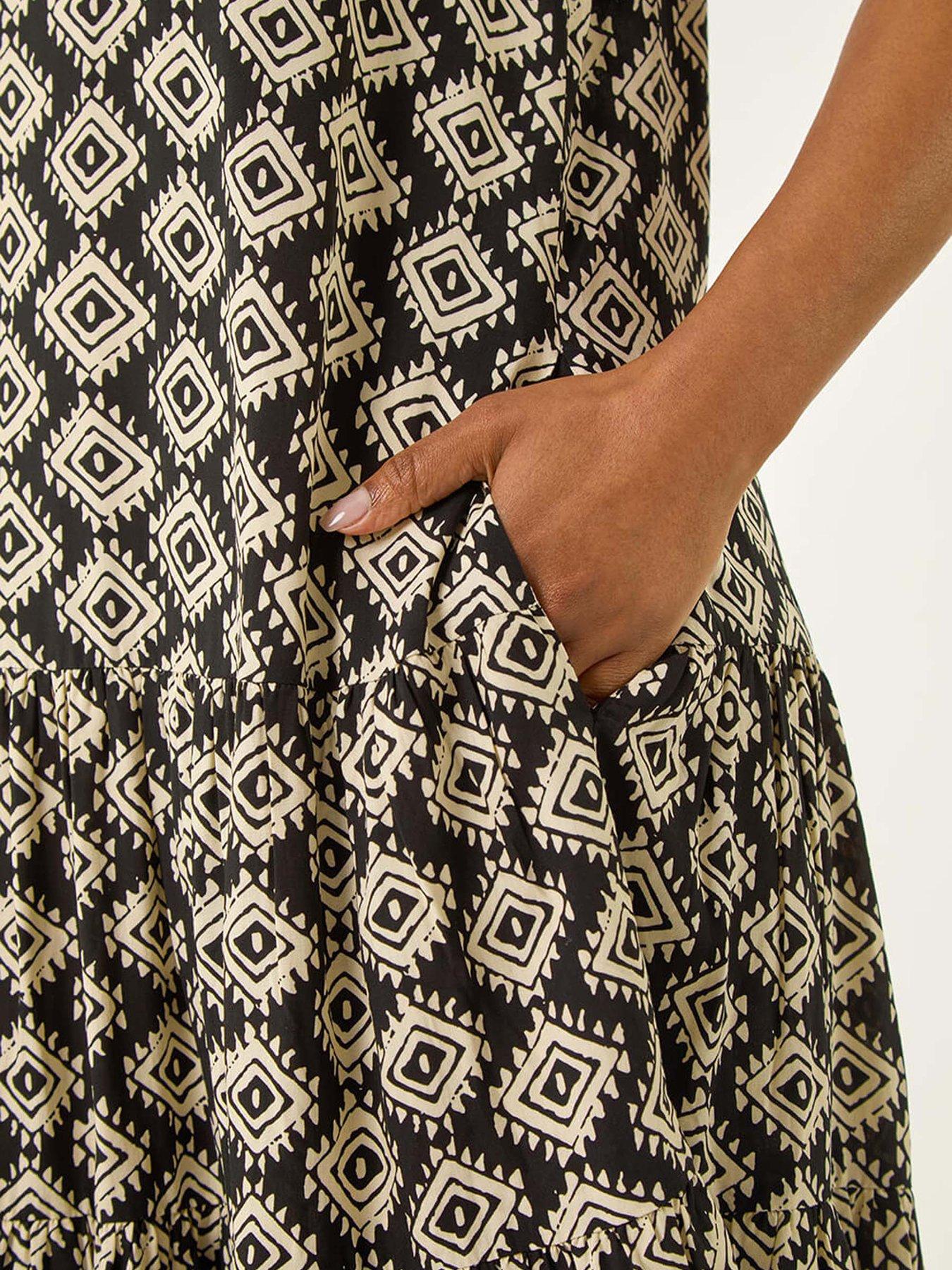 Image 5 of 5 of Roman Petite Geo Print Tiered Smock Dress - Black