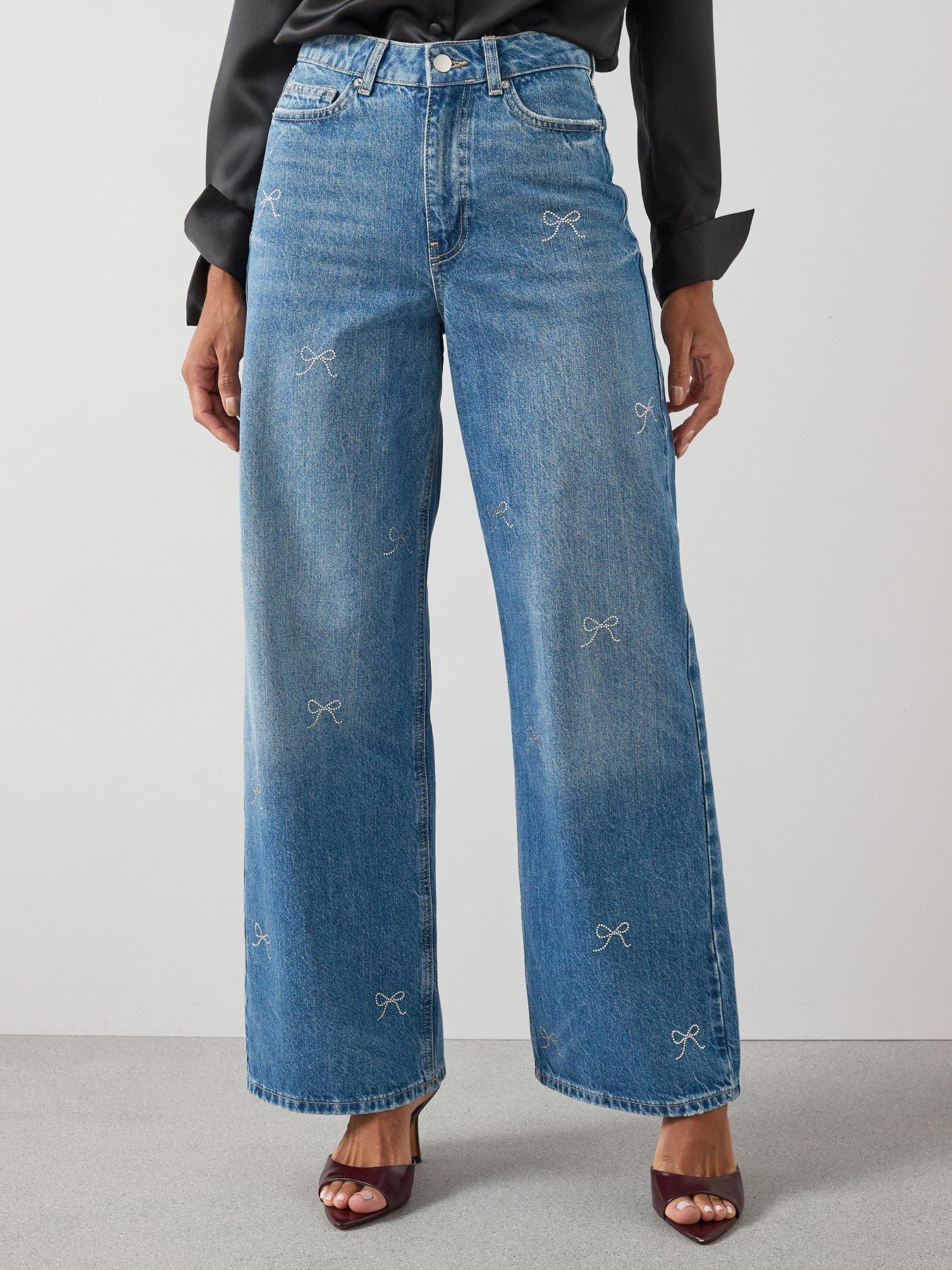 The Very Collection Diamante Bow Wide Leg Jeans - Mid Wash