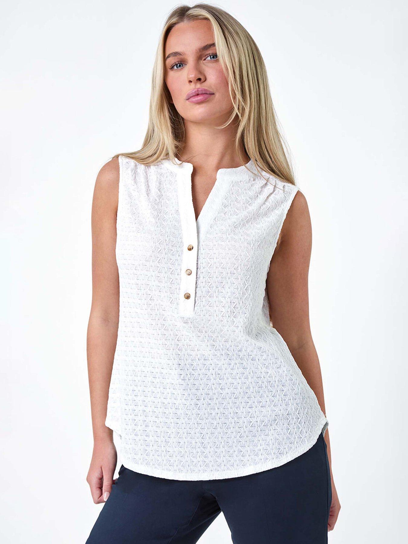 Image 1 of 5 of Roman Petite Textured Sleeveless Top - White