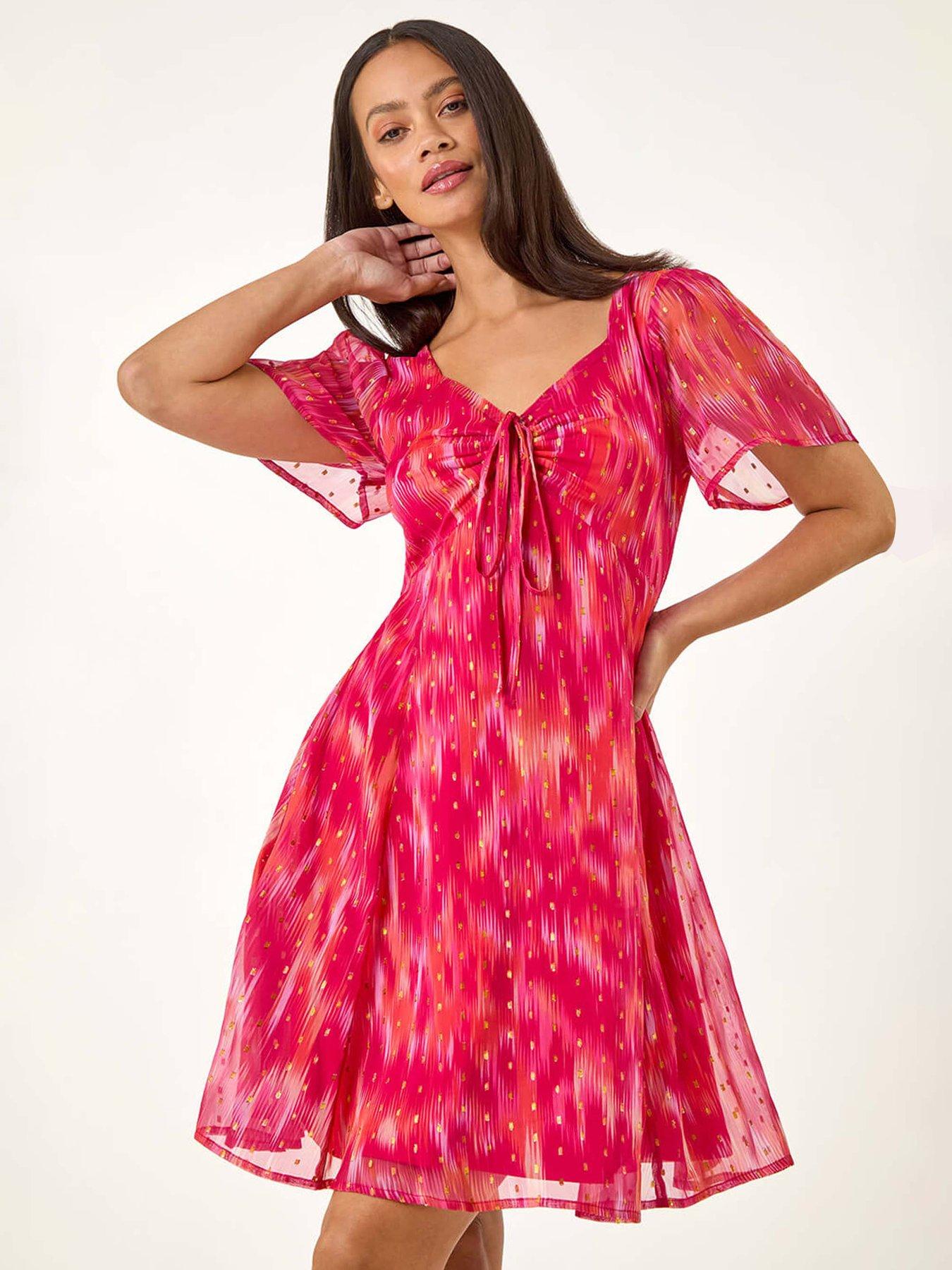 Image 3 of 5 of Roman Dusk Blurred Foil Print Dress - Red