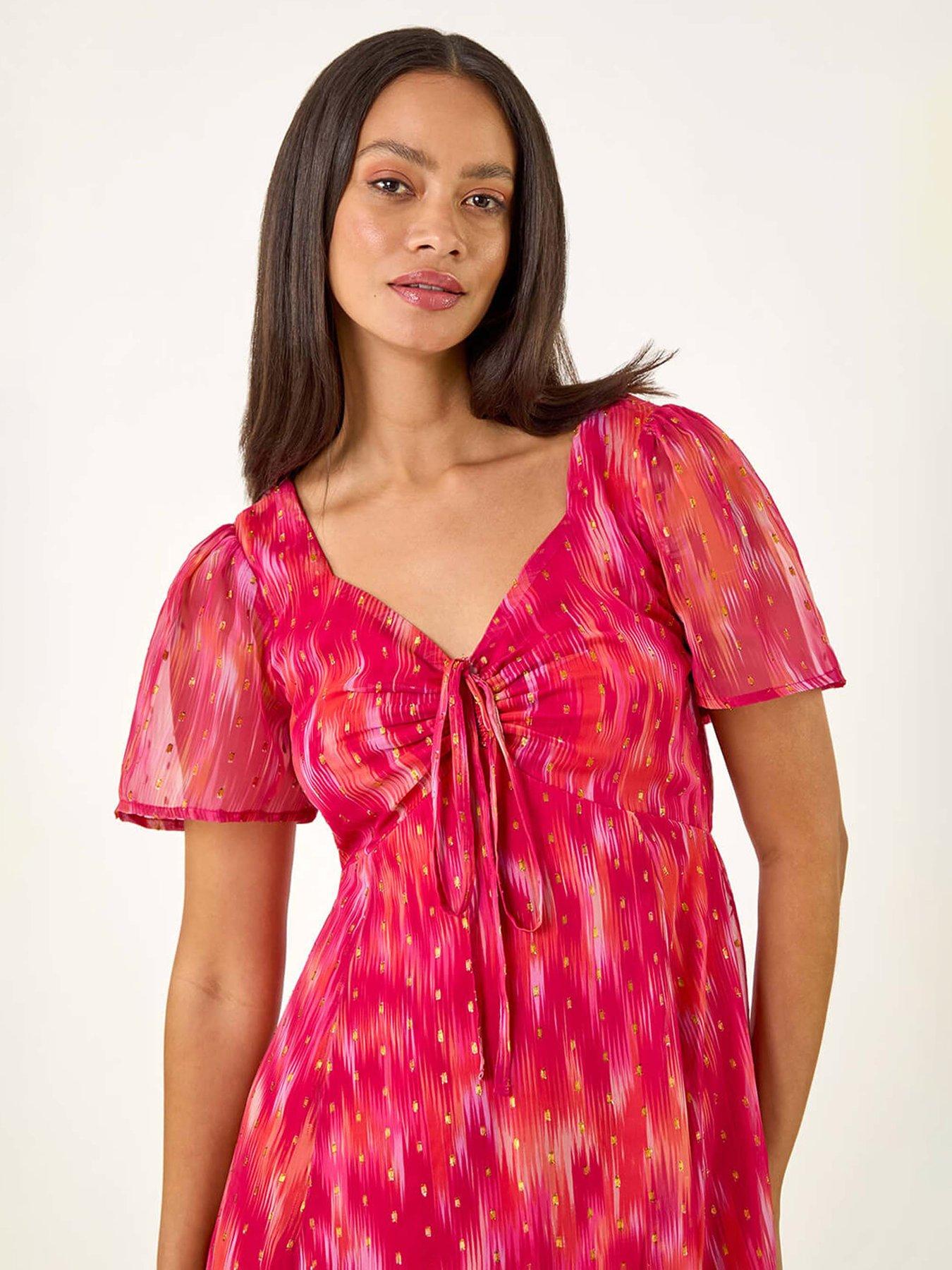 Image 4 of 5 of Roman Dusk Blurred Foil Print Dress - Red