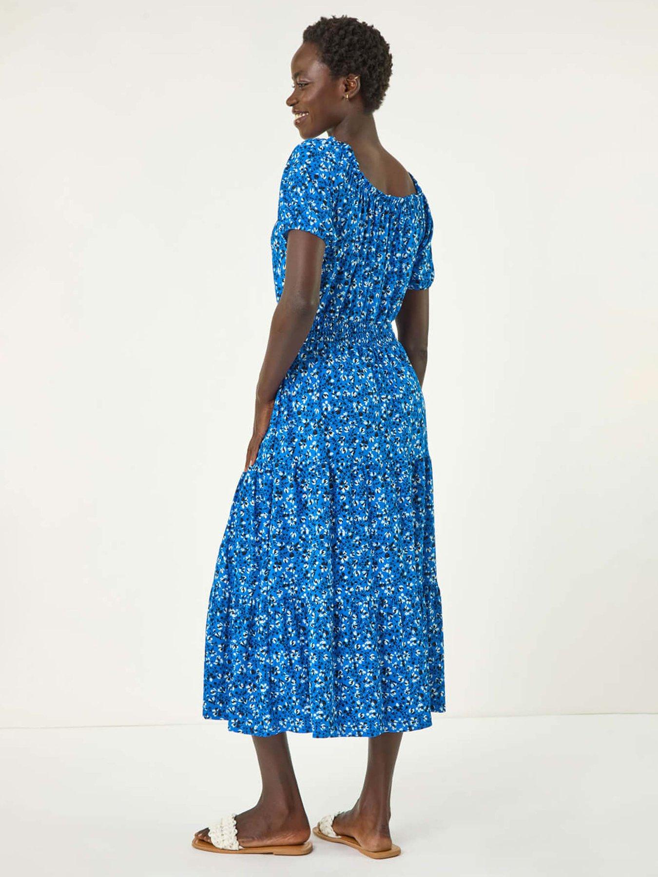 Image 2 of 5 of Roman Ditsy Print Frill Stretch Midi Dress - Royal Blue
