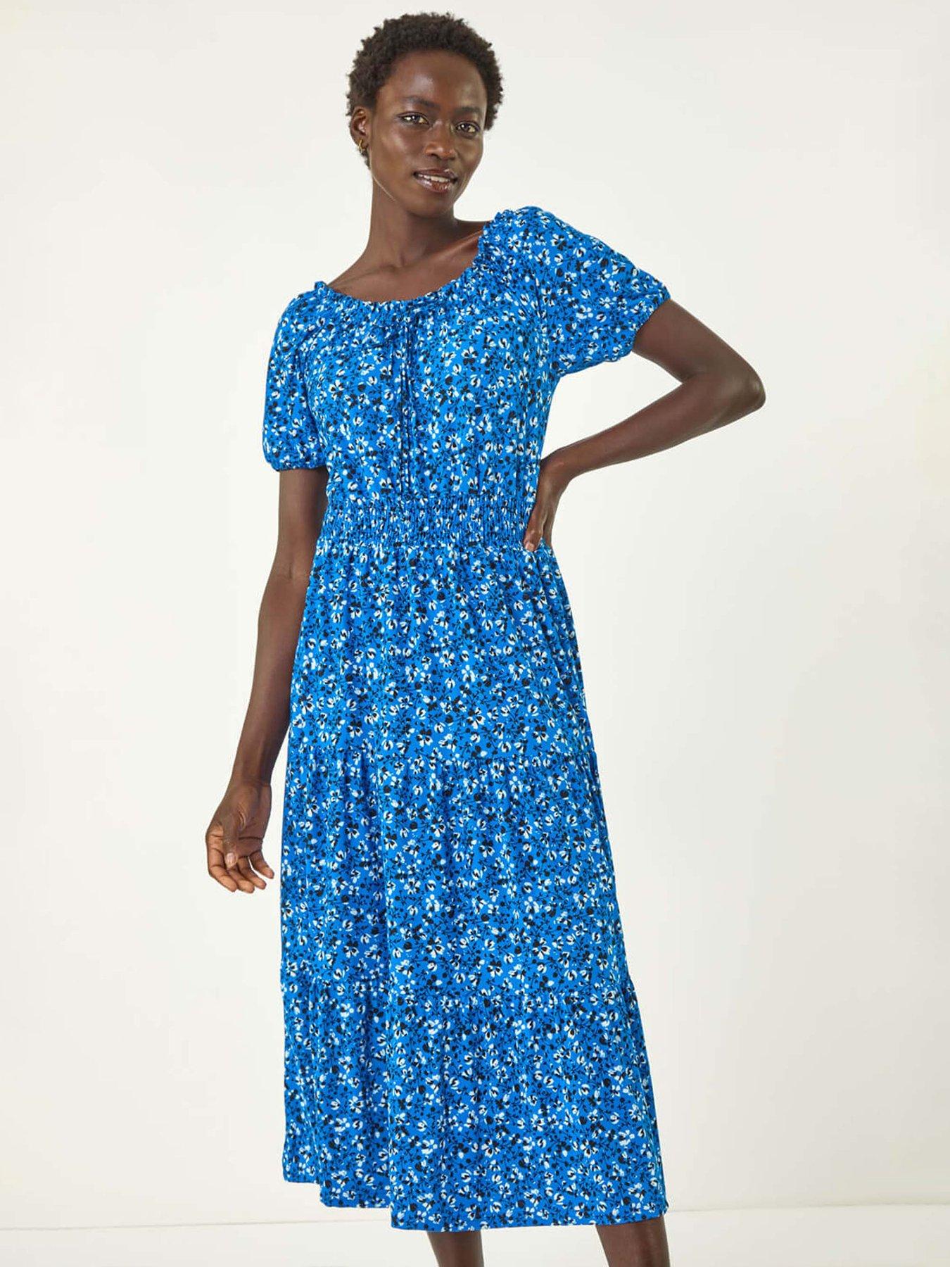 Image 3 of 5 of Roman Ditsy Print Frill Stretch Midi Dress - Royal Blue