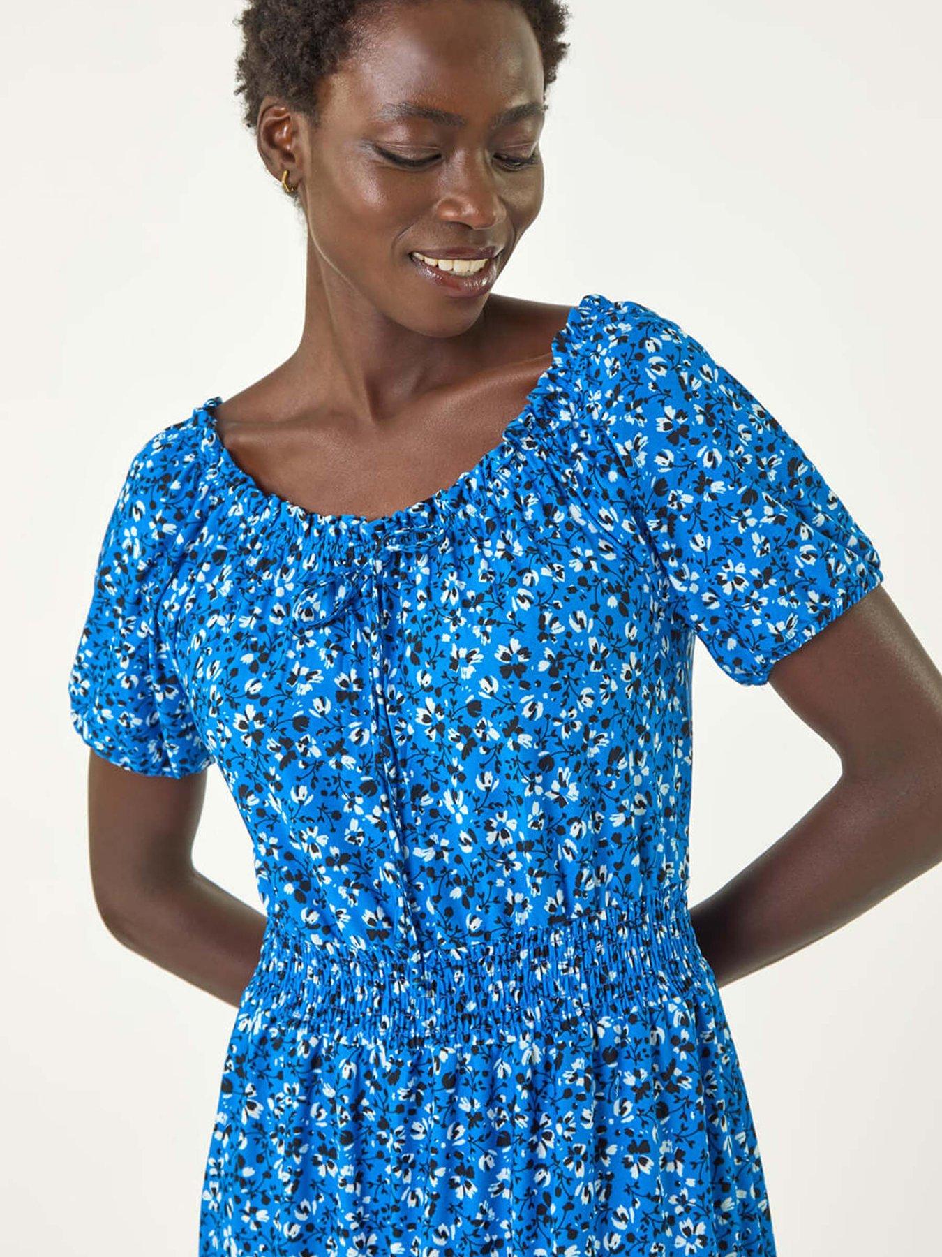 Image 4 of 5 of Roman Ditsy Print Frill Stretch Midi Dress - Royal Blue