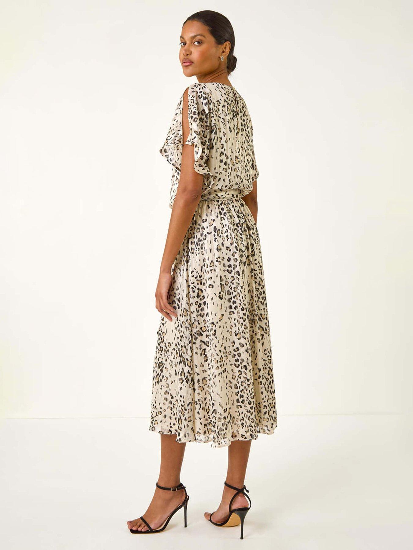 Image 2 of 5 of Roman Animal Print Split Sleeve Midi Dress - Cream