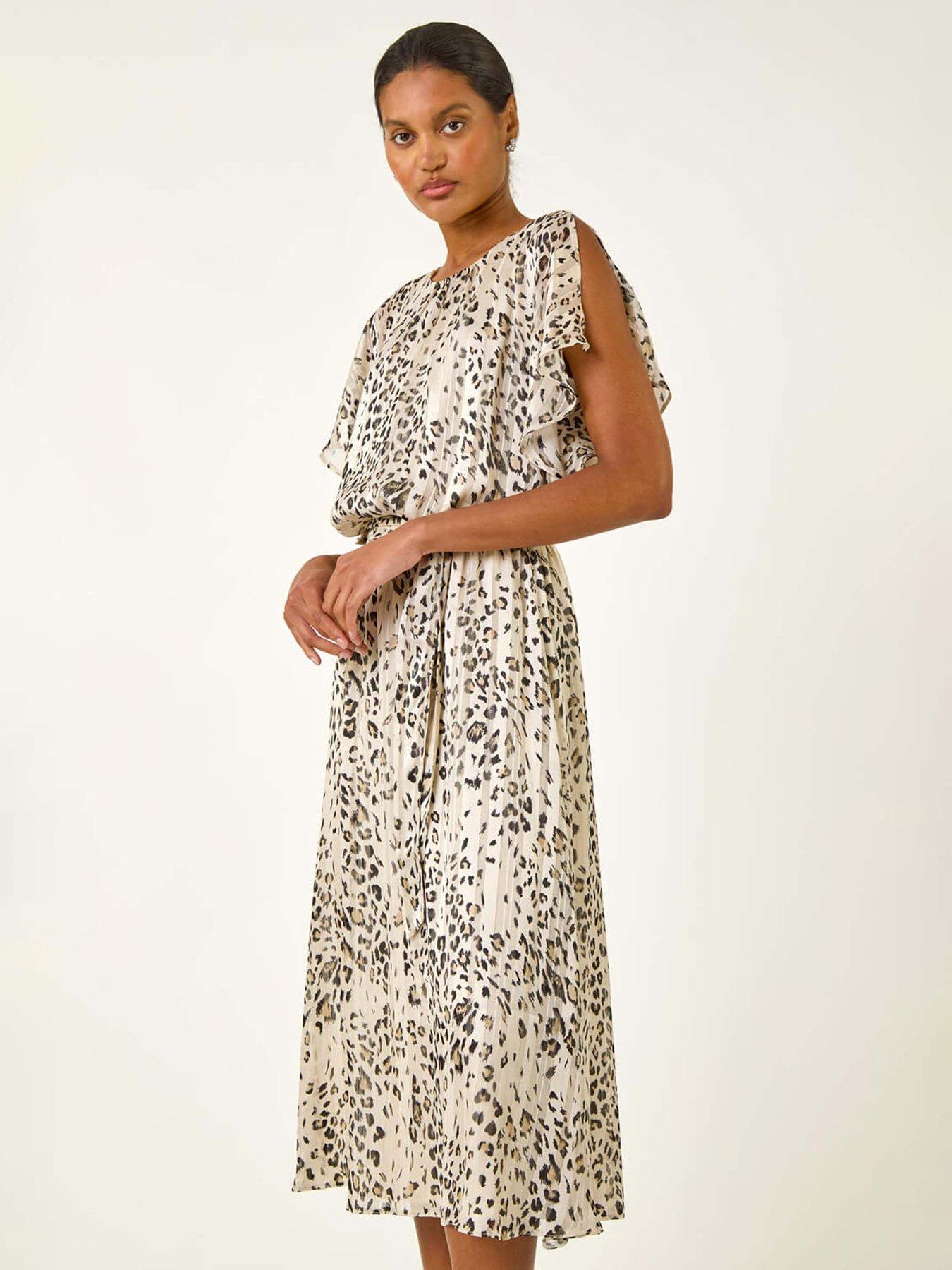 Image 3 of 5 of Roman Animal Print Split Sleeve Midi Dress - Cream