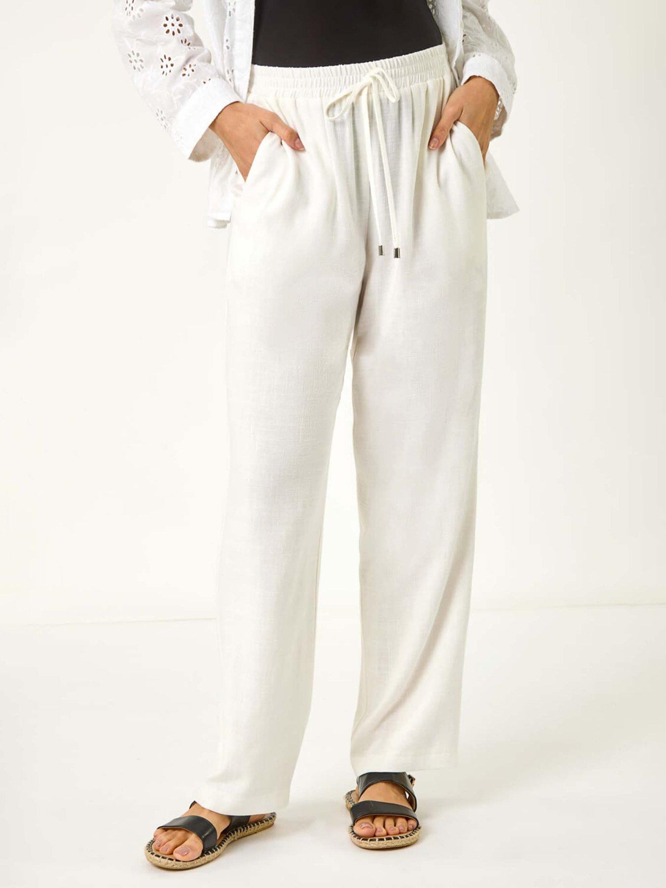 Image 1 of 5 of Roman Elastic Waist Tie Front Linen Mix Trouser - White