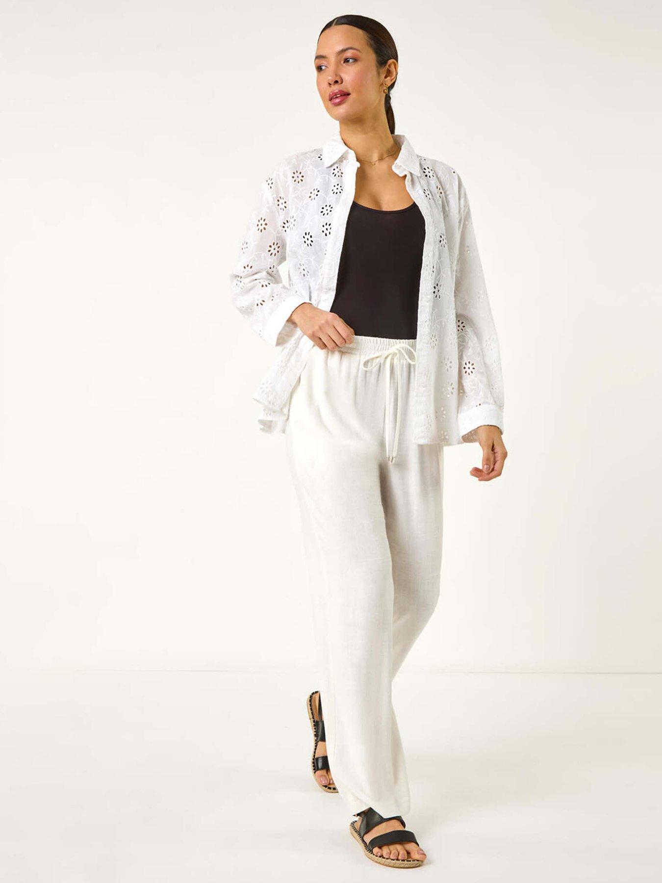Image 3 of 5 of Roman Elastic Waist Tie Front Linen Mix Trouser - White
