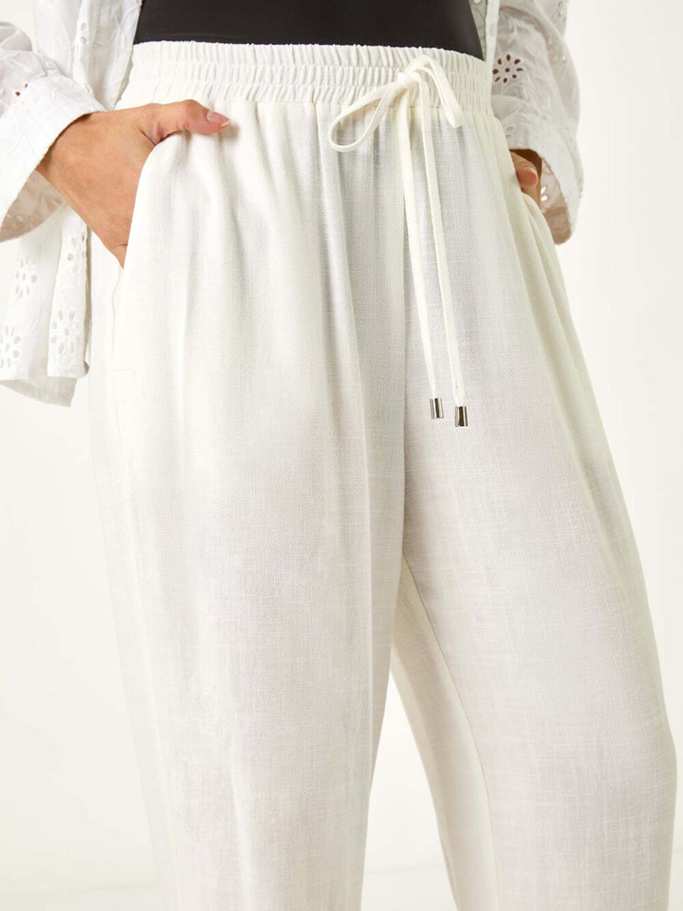 Image 5 of 5 of Roman Elastic Waist Tie Front Linen Mix Trouser - White