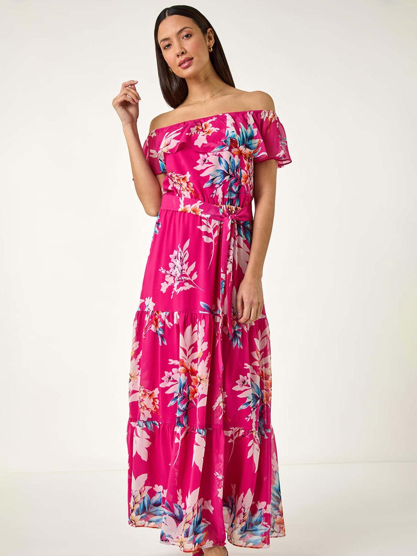 Roman Floral Print Bardot Belted Maxi Dress - Pink