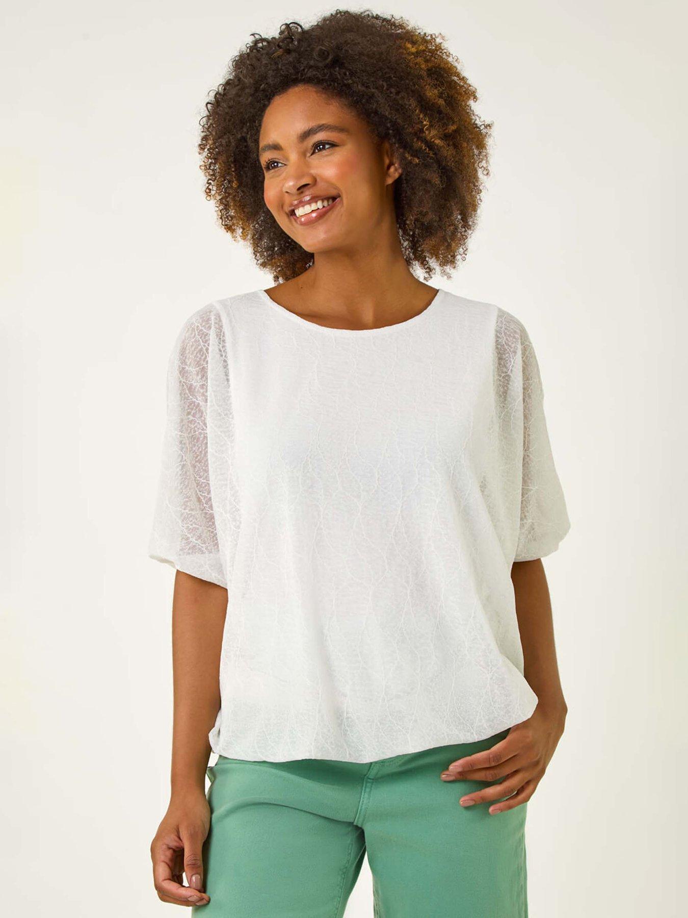 Image 1 of 5 of Roman Mesh Bubble Hem Top - Ivory