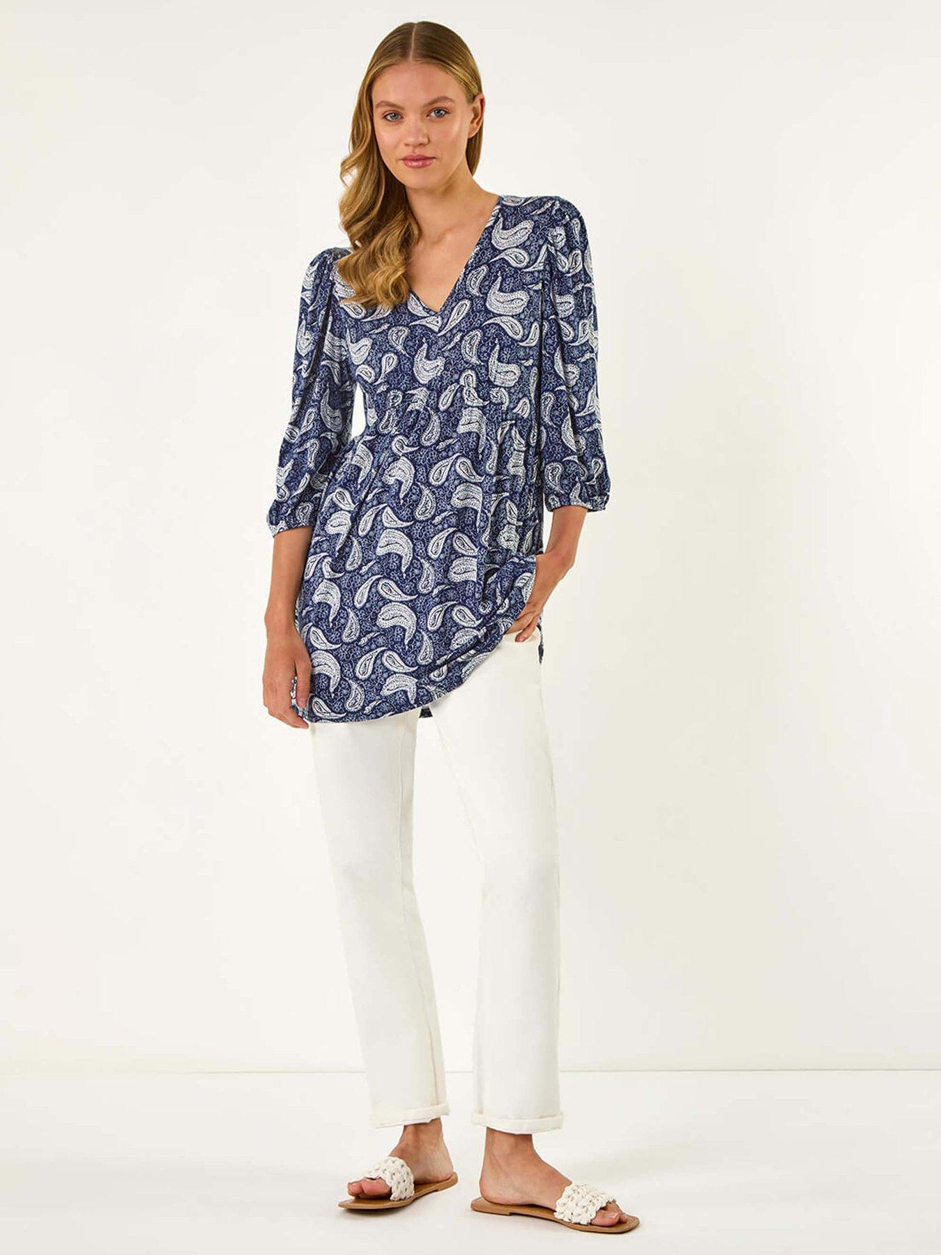  image of roman-paisley-print-v-neck-stretch-top-navy