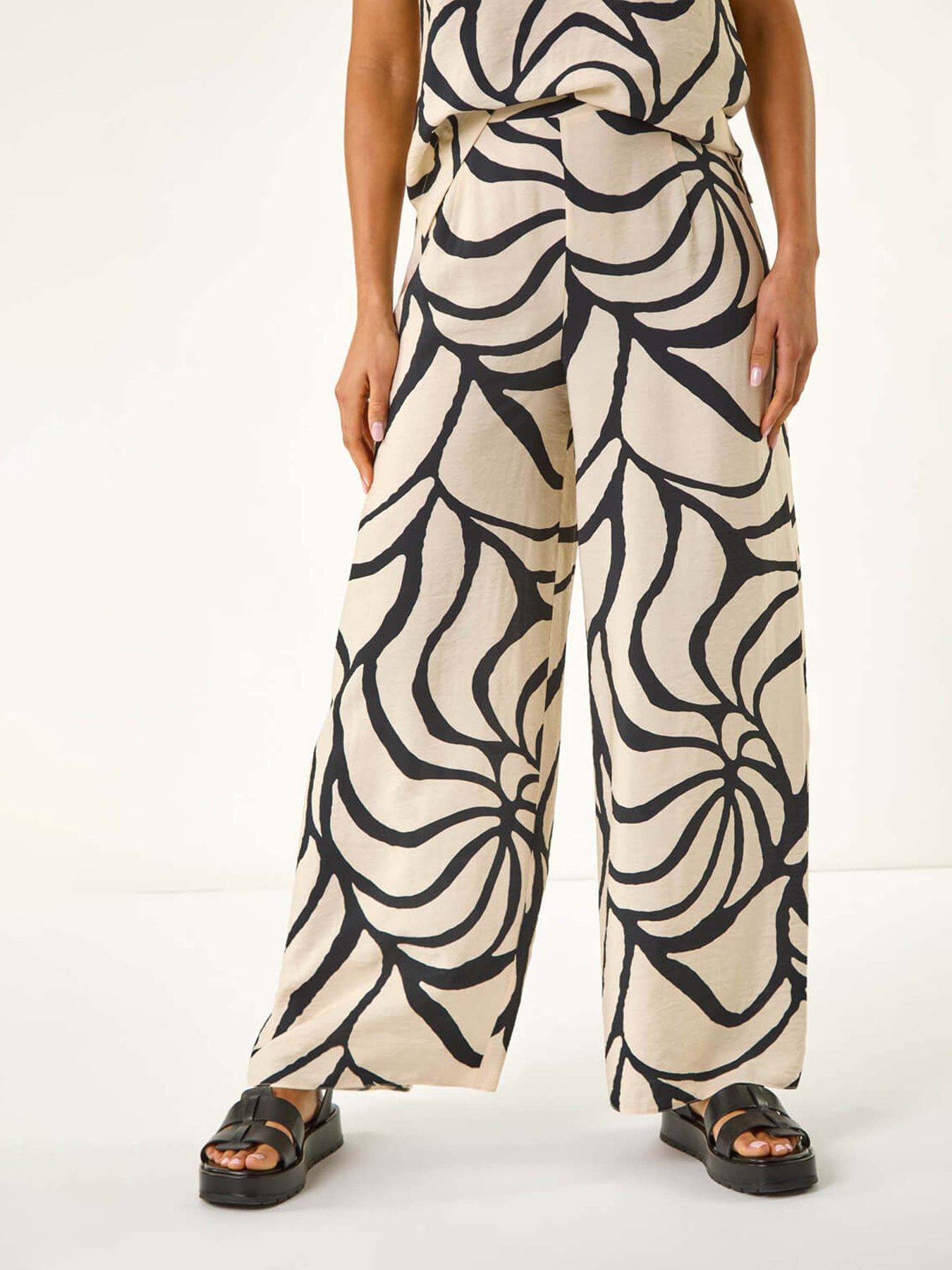 Image 1 of 5 of Roman Mono Floral Palm Print Wide Leg Trouser - Black