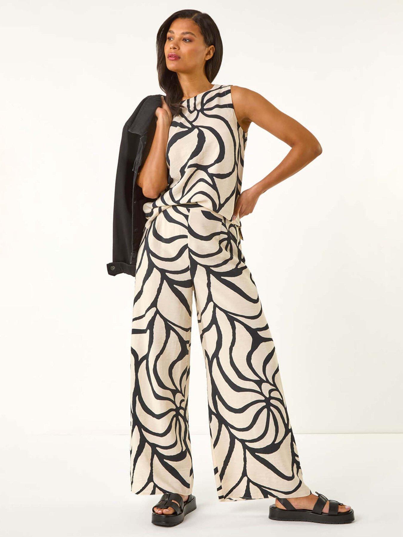Image 3 of 5 of Roman Mono Floral Palm Print Wide Leg Trouser - Black