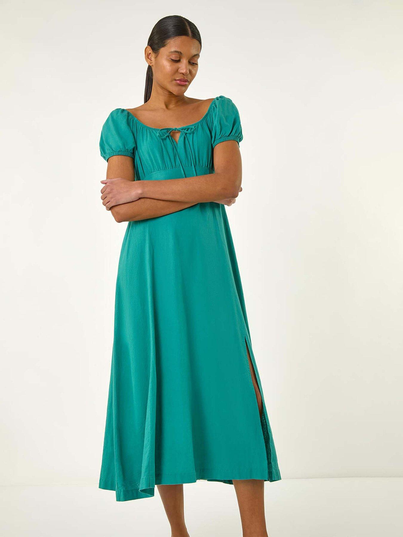 undefined Puff Sleeve Linen Mix Midi Dress - Jade Green