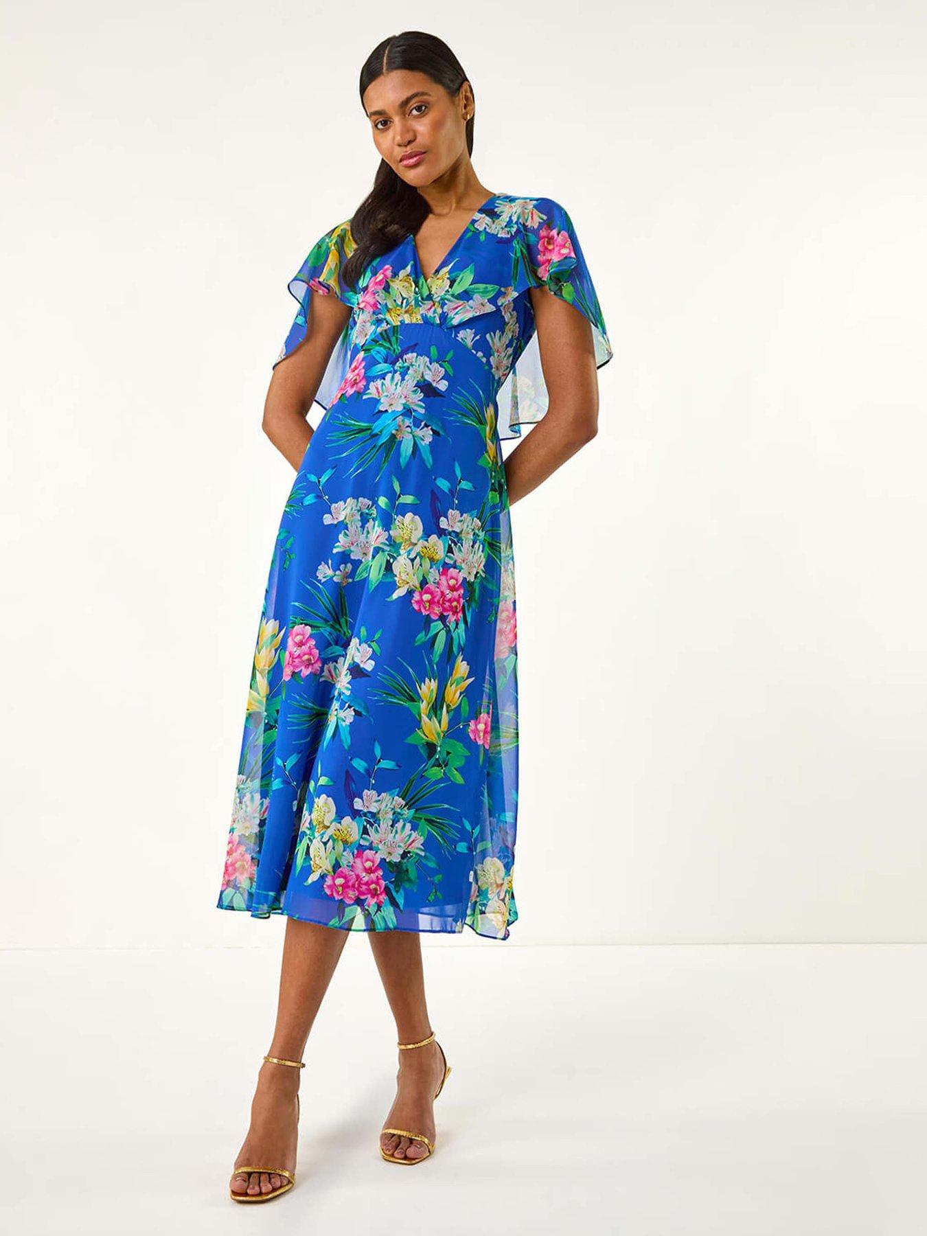  image of roman-floral-chiffon-back-cape-dress-blue