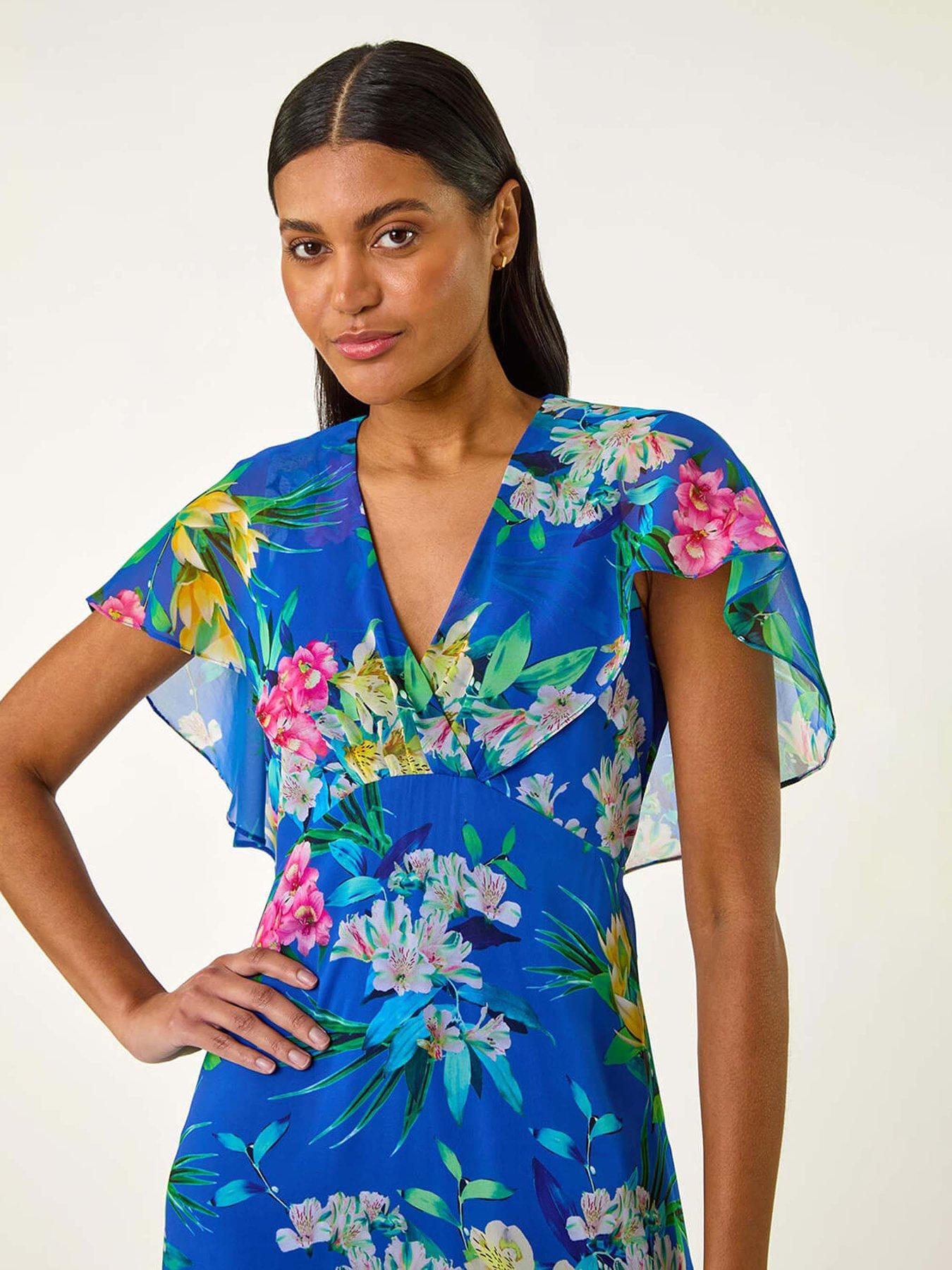  image of roman-floral-chiffon-back-cape-dress-blue