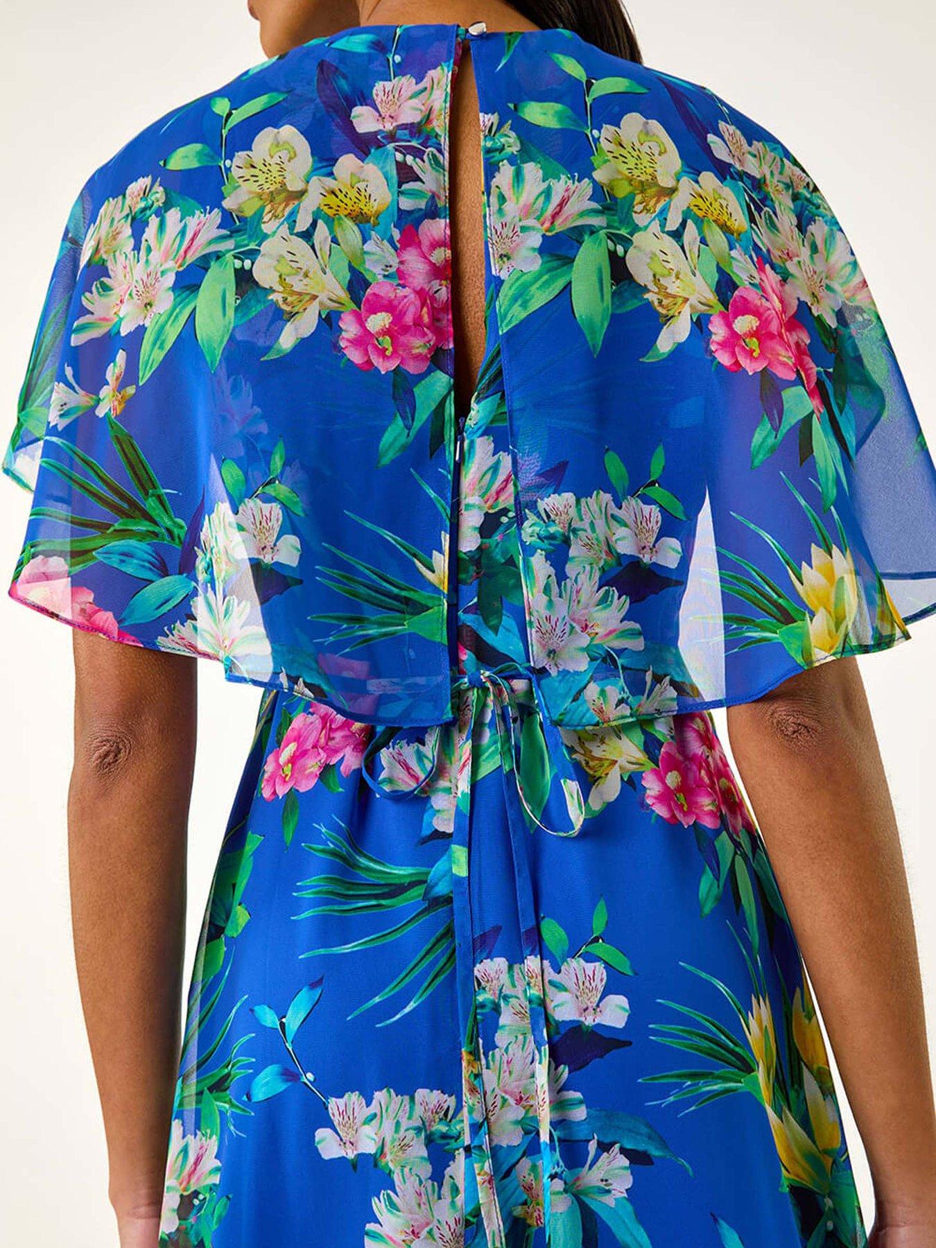  image of roman-floral-chiffon-back-cape-dress-blue
