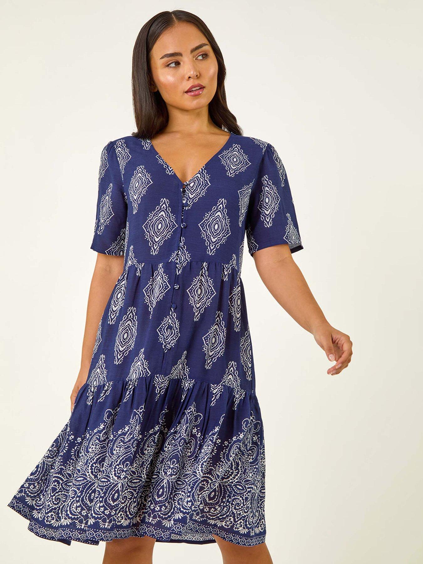 Roman Petite Border Print Tiered Dress - Navy